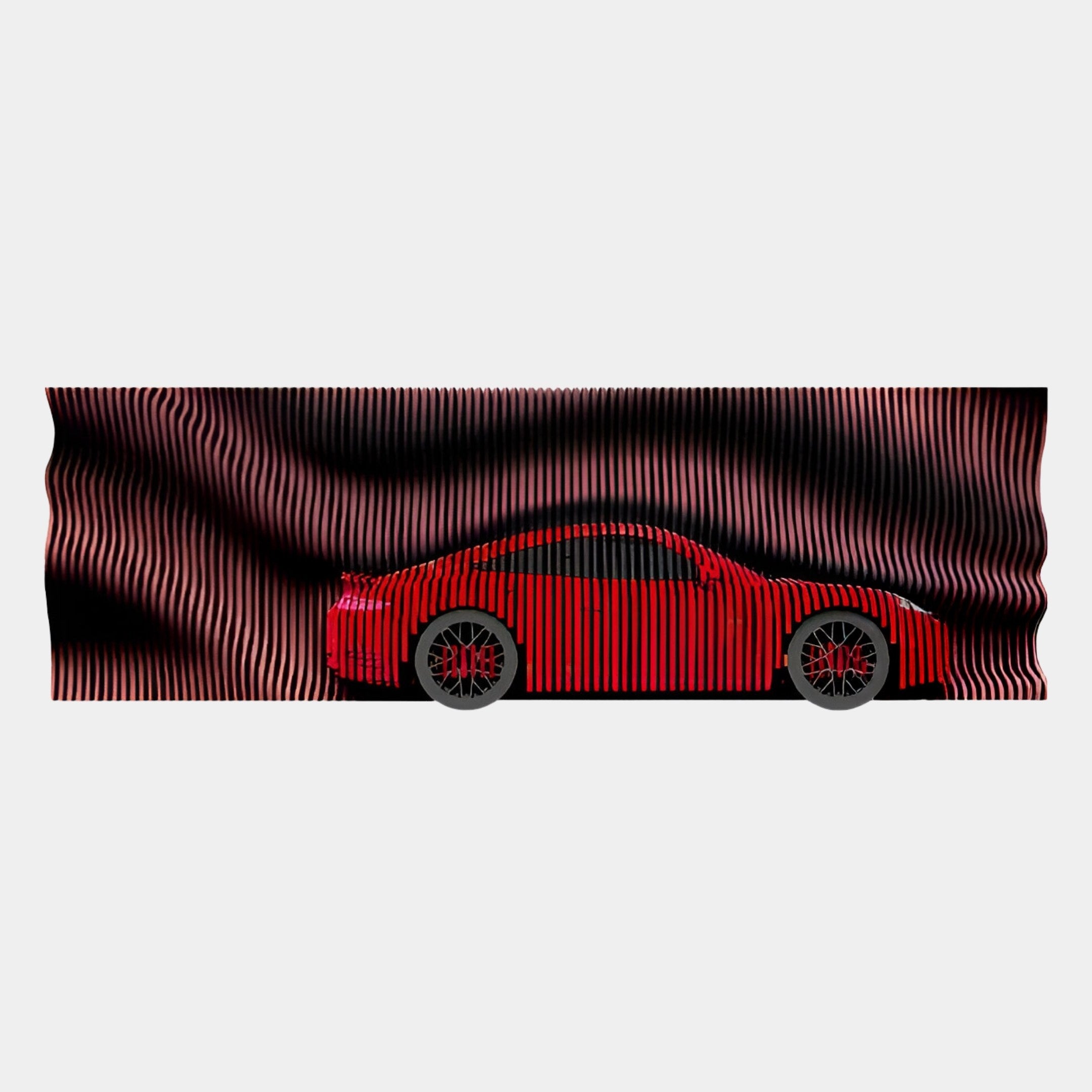 The Velocedra Red Sportscar 3D Relief Wall Art by Giant Sculptures features a red sports car in profile against a dynamic black and red striped background, adding striking kinetic style to any modern space.