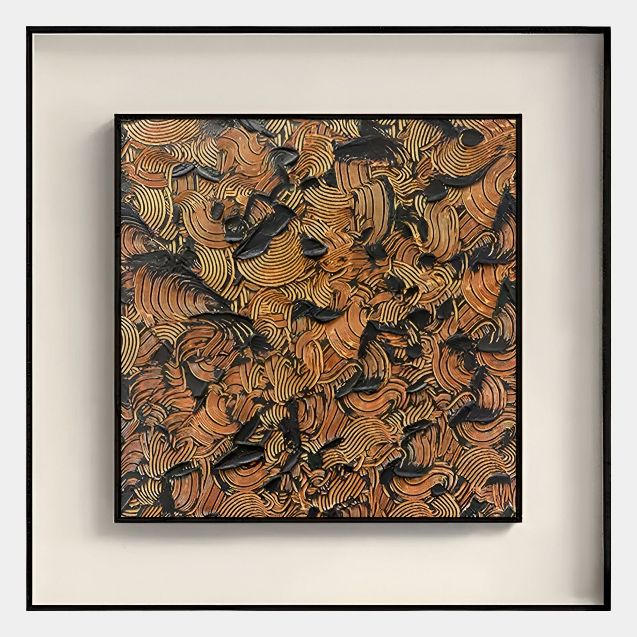 The Fiorenze Copper & Black Swirl Textured Square 3D Wall Art by Giant Sculptures features handcrafted abstract patterns in brown, gold, and black on a white background, set in a simple black frame for a layered effect.