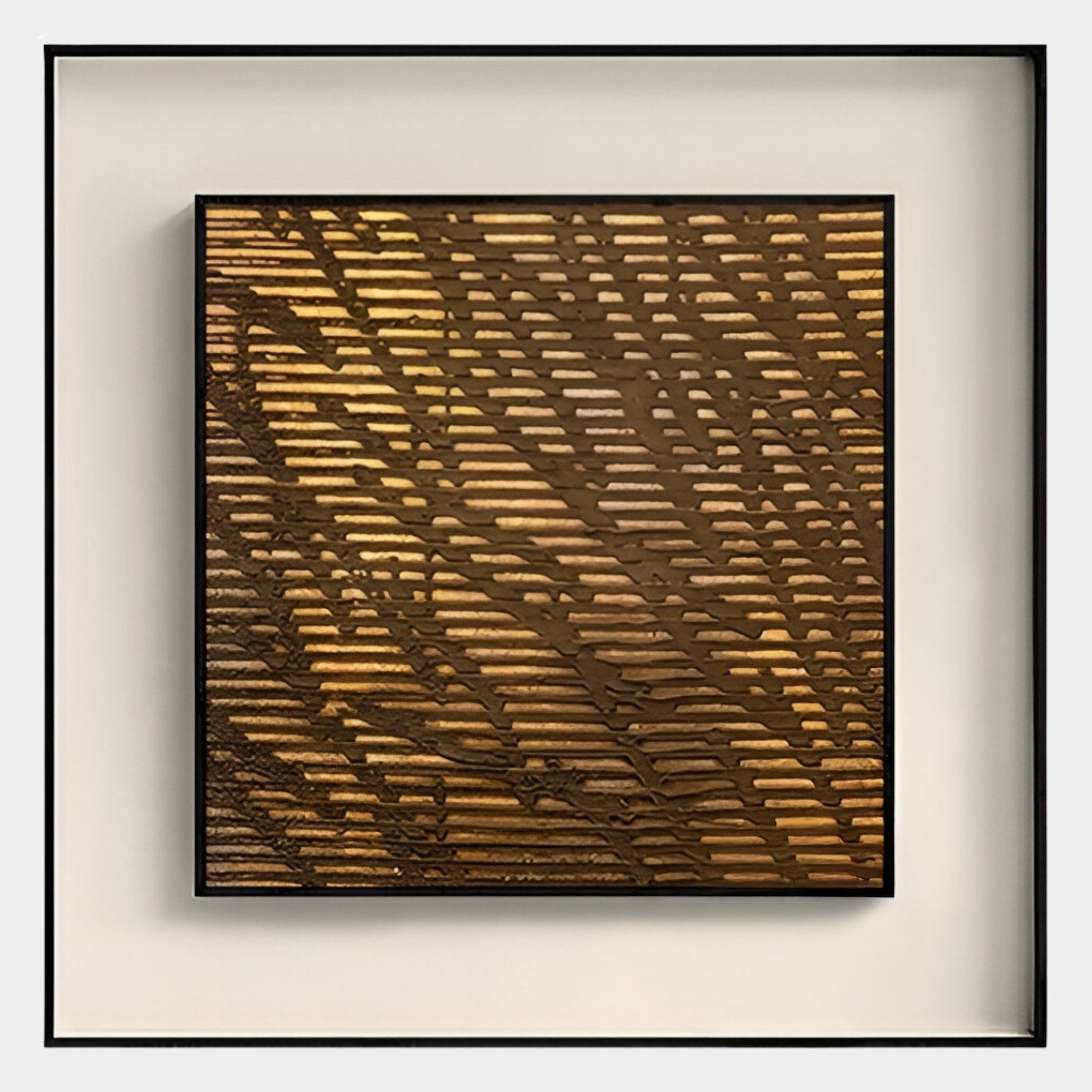The Fiorenze Bronze Textured Square 3D Wall Art by Giant Sculptures features layered brown and gold lines with branch-like patterns, creating a textured and illuminated effect on a light background.