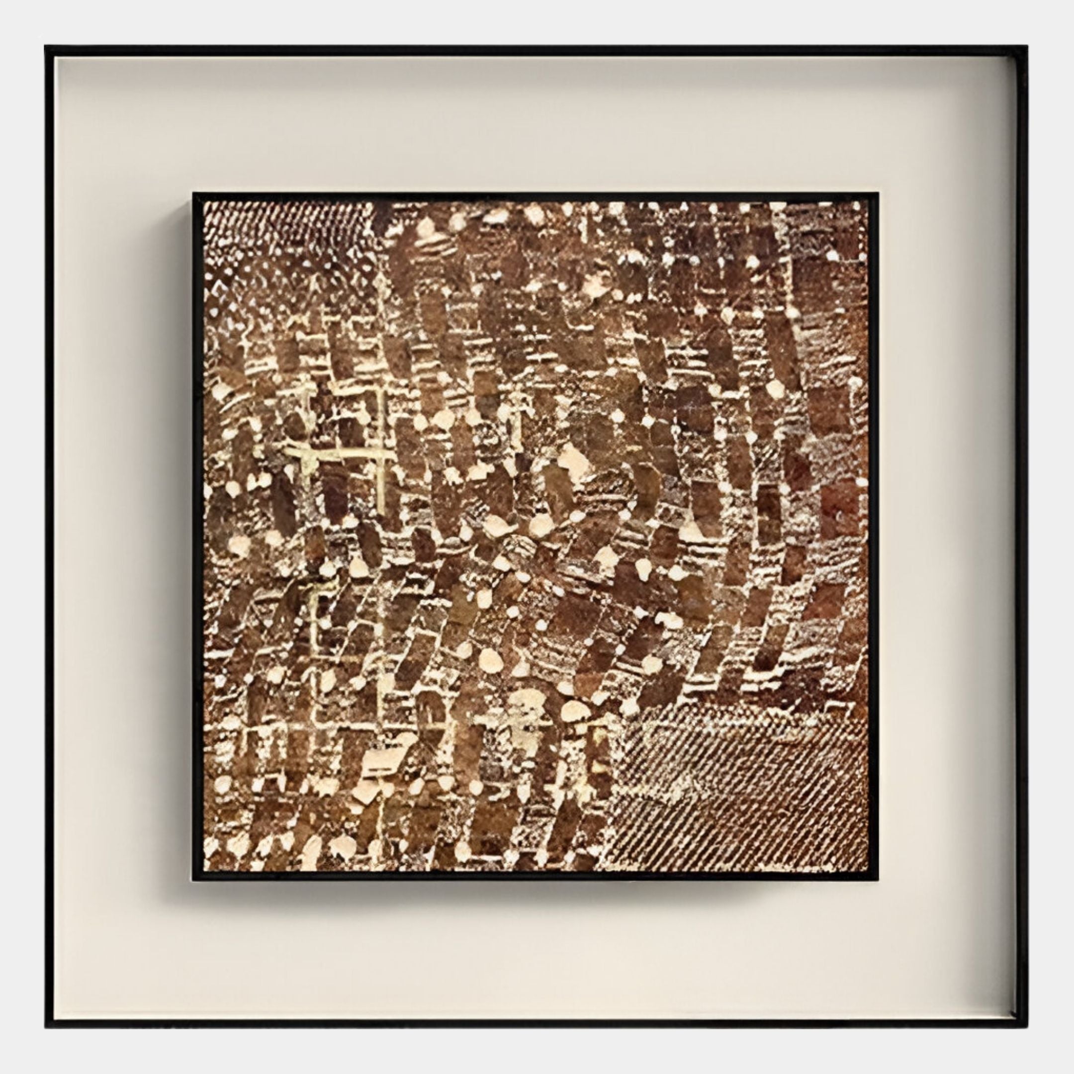 The Fiorenze Taupe & Brown Grid Textured Square 3D Wall Art by Giant Sculptures features intersecting lines and shapes in brown, beige, and cream for a contemporary look reminiscent of woven fabric or brickwork.
