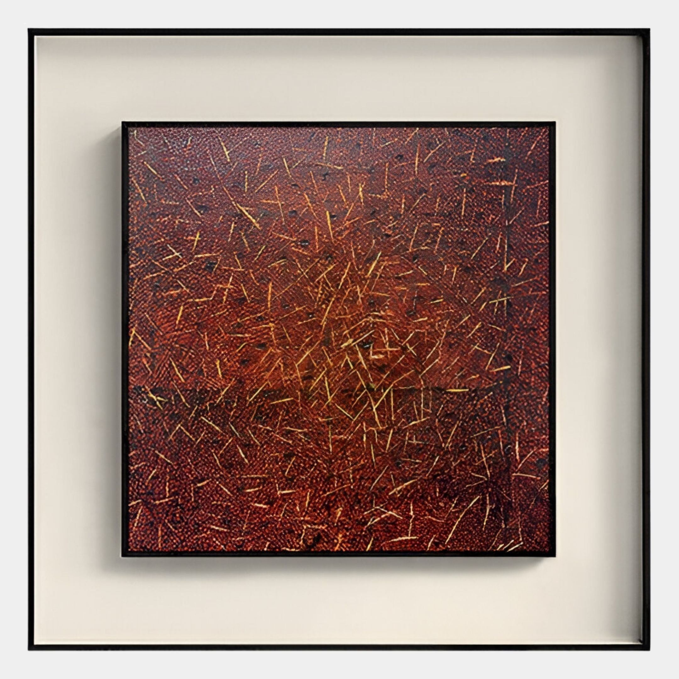 The Fiorenze Red & Gold Scratch Textured Square 3D Wall Art by Giant Sculptures features a handmade abstract design with red and brown tones, golden crisscross lines, and comes framed in a light shadow-box style.