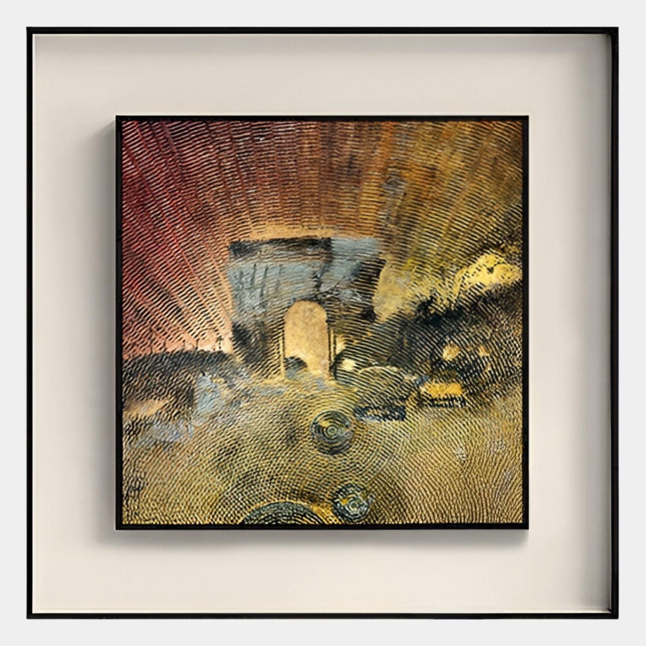 The Giant Sculptures Fiorenze Sunset Archway Golden Rays Square 3D Wall Art features a central stone archway with abstract, swirling textures in warm yellow, orange, and brown tones for a dynamic, dreamlike effect.