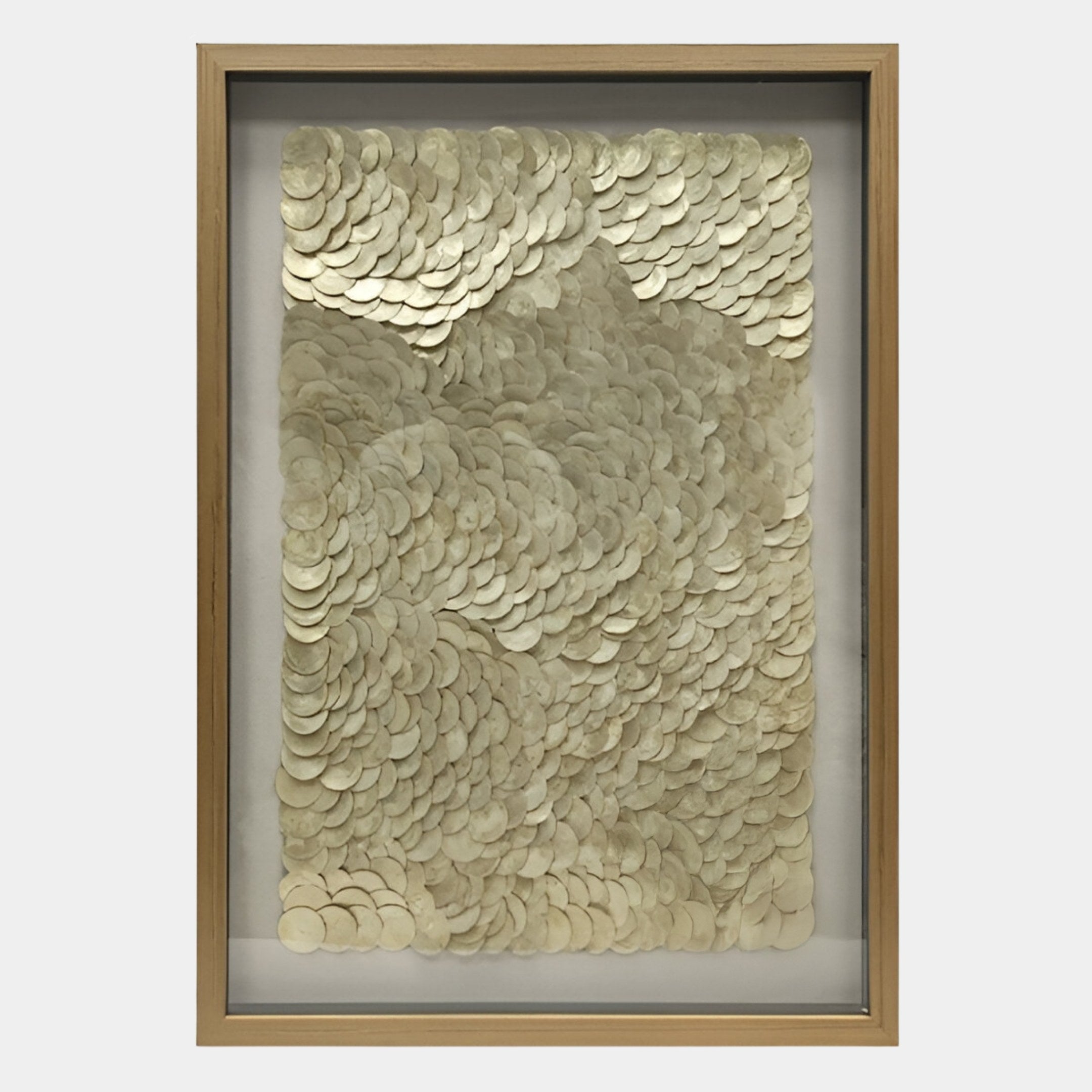 The Orraya Golden Shell Disc Layered Framed 3D Wall Art by Giant Sculptures features handmade gold discs in textured, wave-like layers for a shimmering three-dimensional effect within a stylish wooden frame.