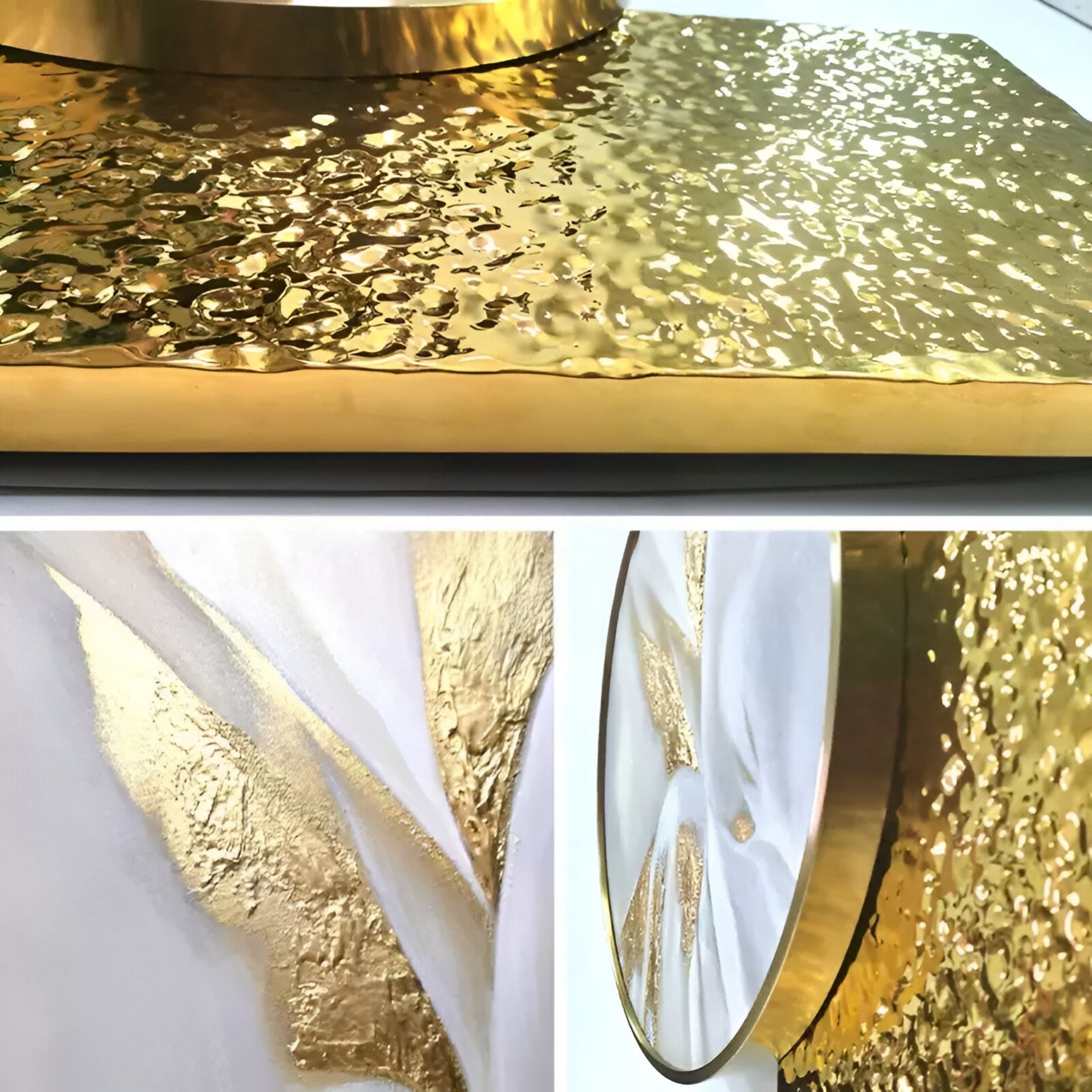 Close-up images of the Aurivista White & Gold Abstract Circle Panel 3D Metal Wall Art by Giant Sculptures showcase textured gold with metallic reflections and both flat and wavy patterns. White accents create modern contrast, perfect for luxury wall decor.