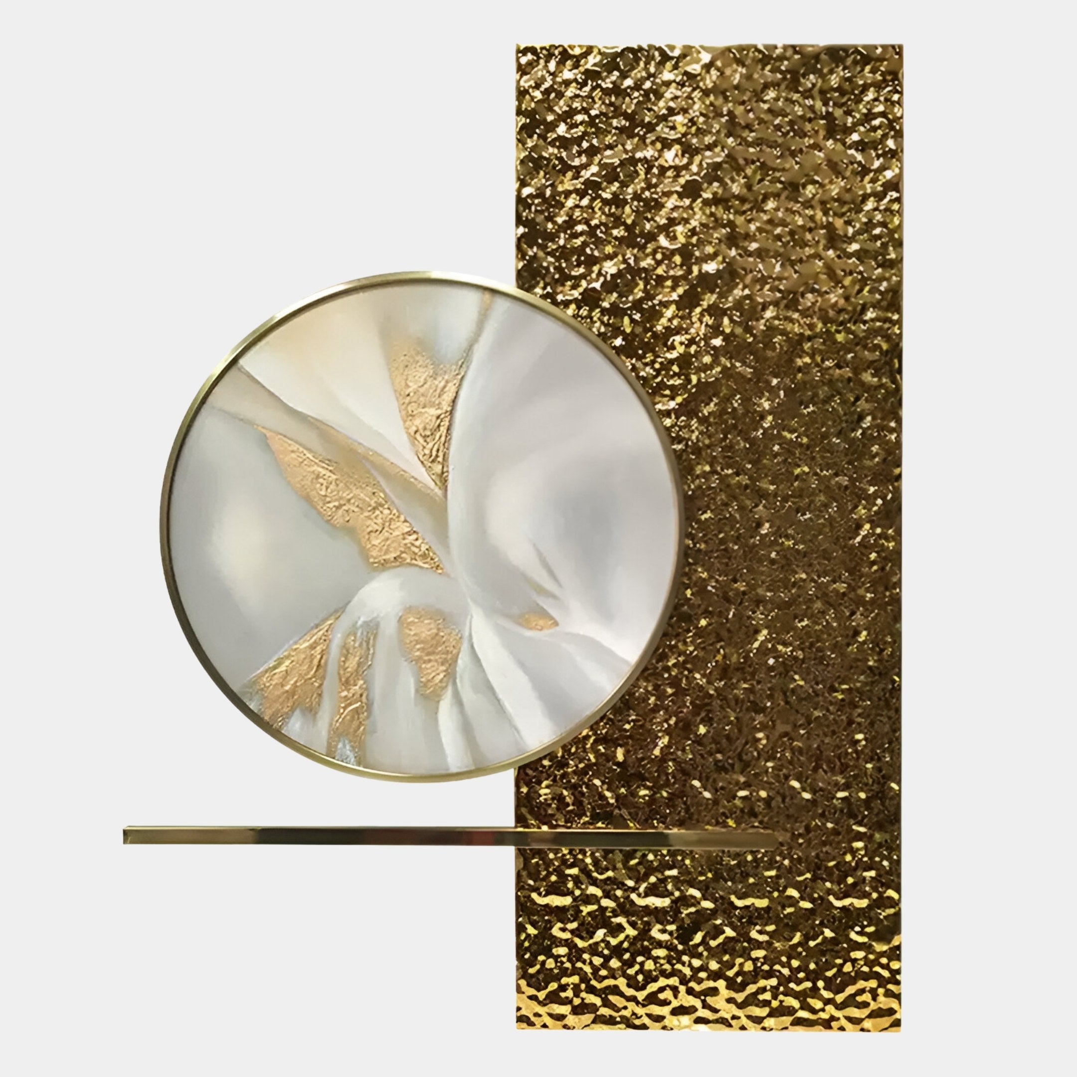 The Aurivista White & Gold Abstract Circle Panel 3D Metal Wall Art by Giant Sculptures features a circular abstract design with white and gold textures, set before a tall gold panel and bar—ideal as sophisticated modern gold wall decor.