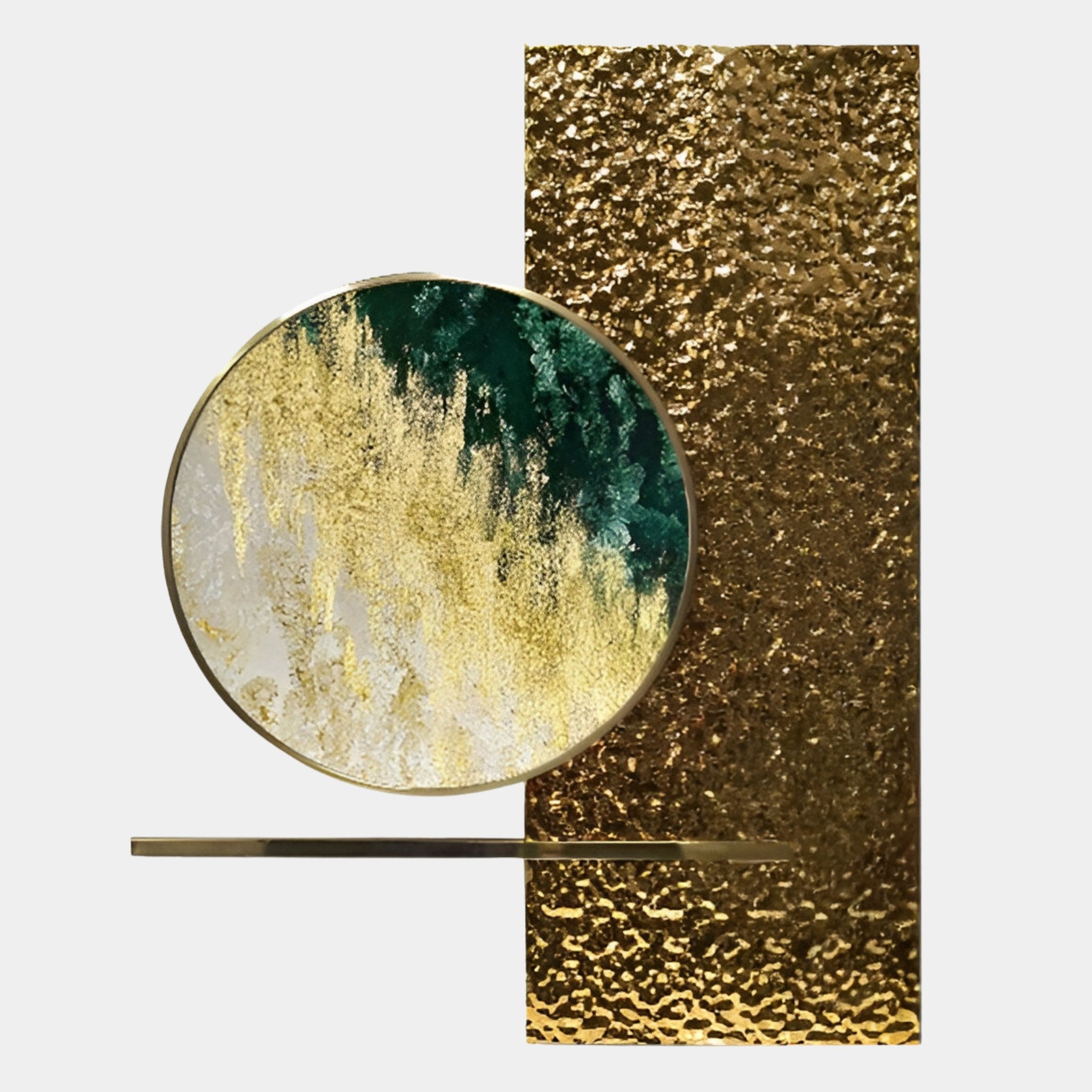 Aurivista Emerald Green & Gold Circle Panel 3D Metal Wall Art by Giant Sculptures features a round canvas with gold, green, and white textured brushstrokes set before a tall metallic gold panel—perfect modern abstract or emerald green wall decor.