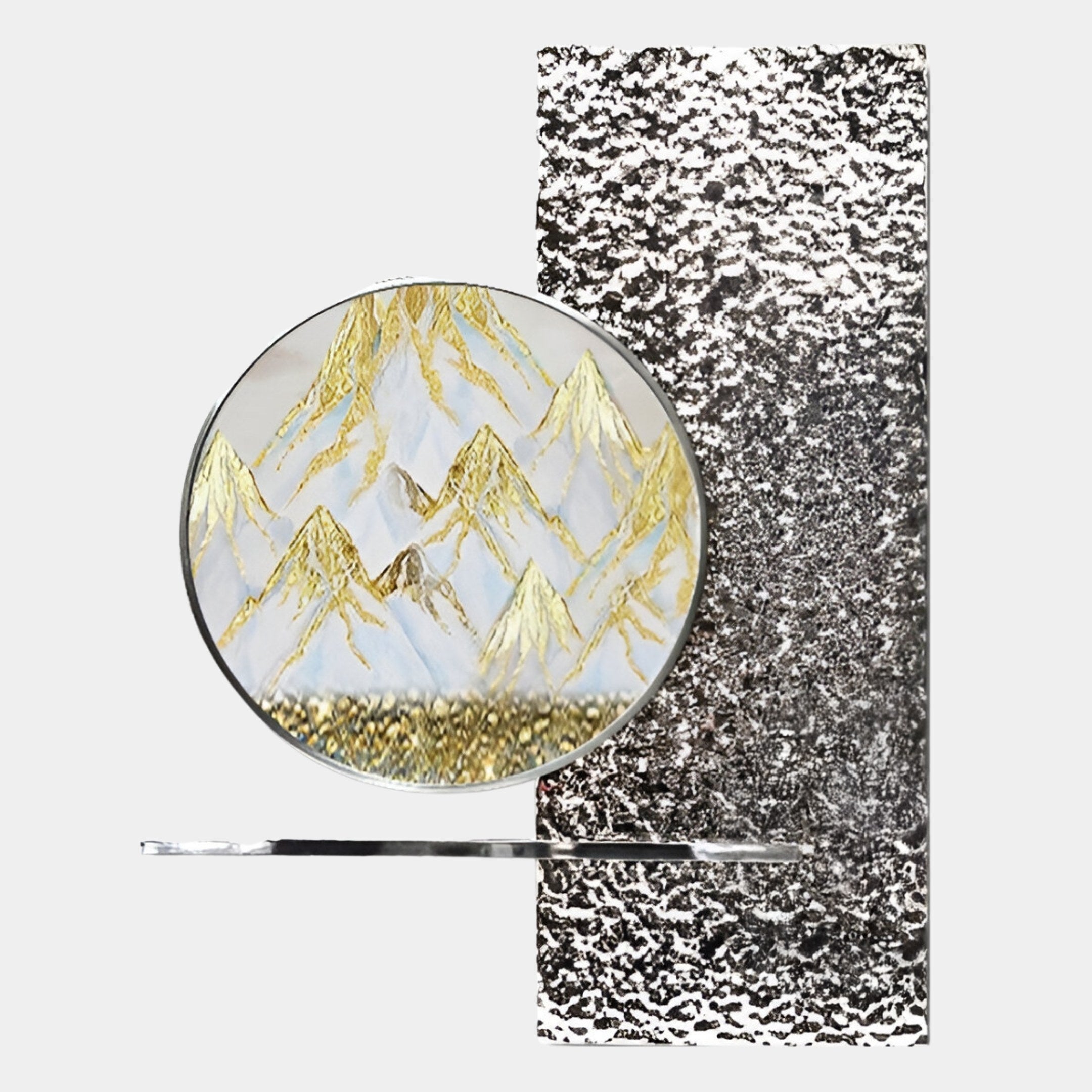 The Aurivista Gold Mountain & Silver Abstract Panel 3D Metal Wall Art by Giant Sculptures features gold and white mountains before a textured black and white backdrop, set on a slim silver base for striking modern decor.
