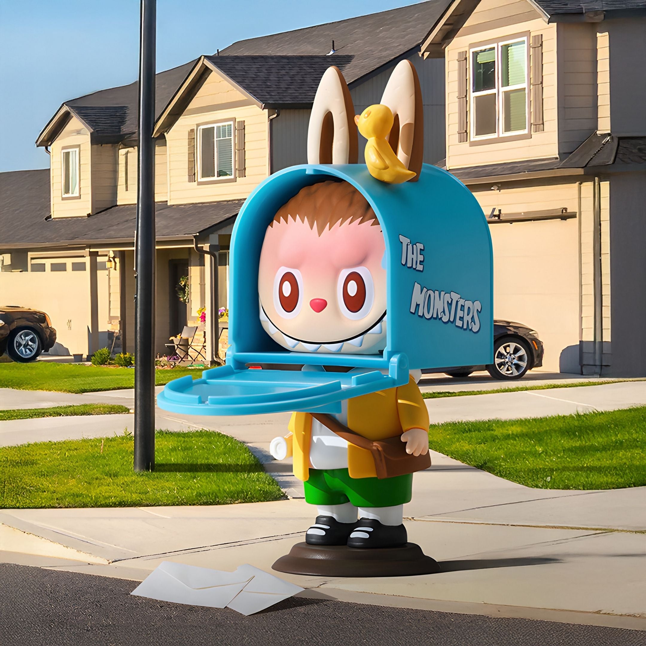 The Giant Sculptures Hidden Mailbox Labubu Sculpture (160cm) is a whimsical fiberglass mailbox featuring bunny ears, a wide smile, and The Monsters text. It stands on a suburban sidewalk with scattered letters nearby.