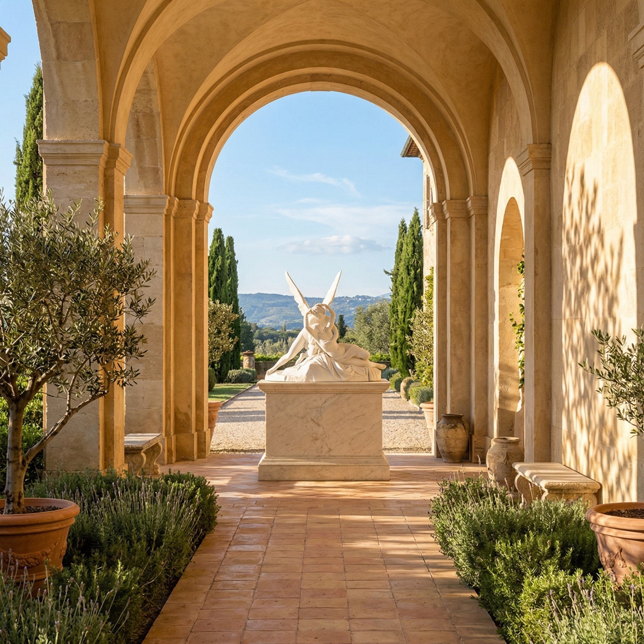 Hand Carved Cupid Angel Marble Outdoor Sculpture by Giant Sculptures displayed beneath a sunlit arched loggia with Tuscan cypress trees and olive trees in terracotta pots nearby.