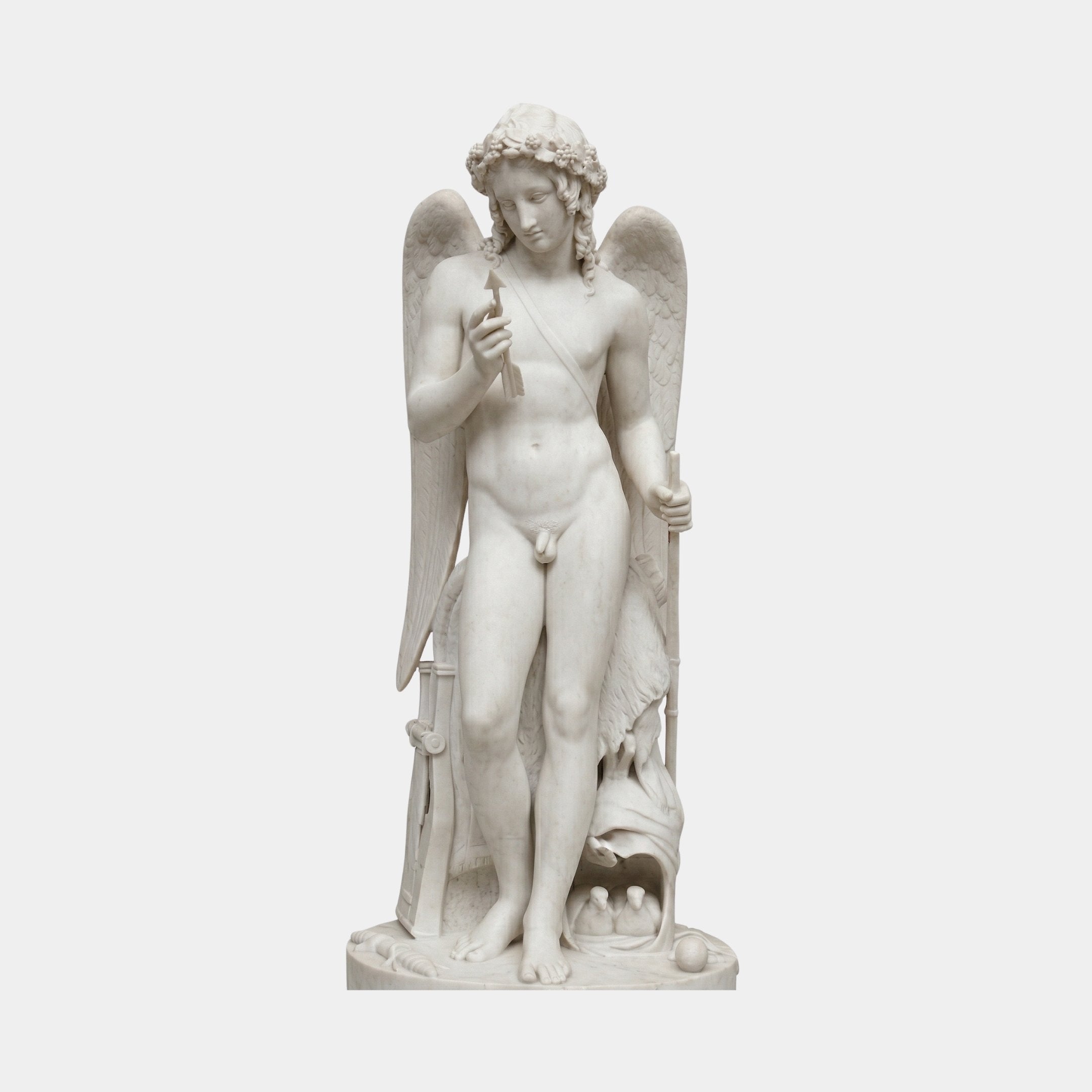 Famous Cupid Art Angel Marble Outdoor Sculpture in white marble depicting a winged Cupid with floral wreath, holding an arrow, standing beside a quiver, on a plain light background.