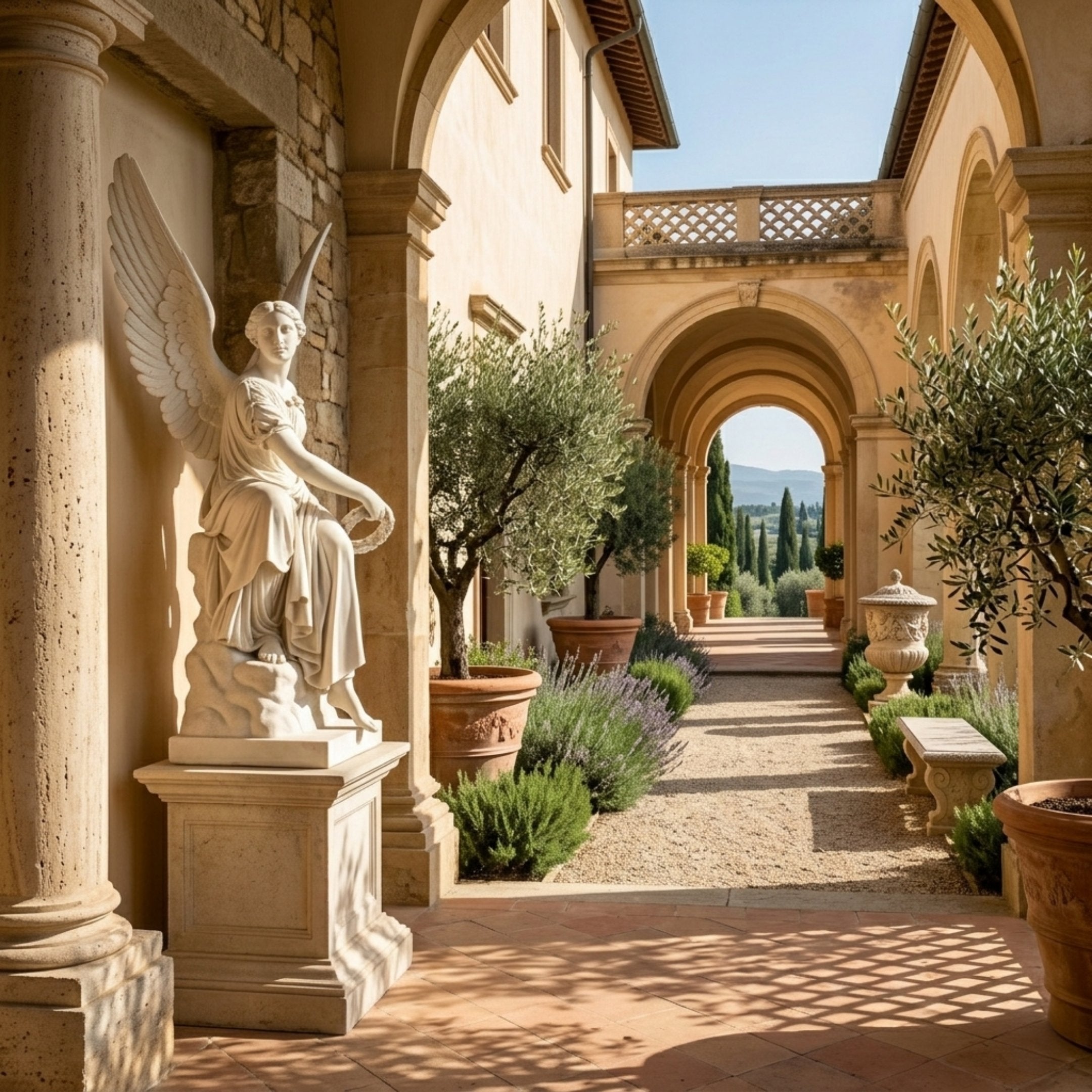 Angel Holding Wreath 150cm white marble sculpture by Giant Sculptures displayed in a Tuscan-style courtyard with arched colonnades, olive trees, and lavender plantings.