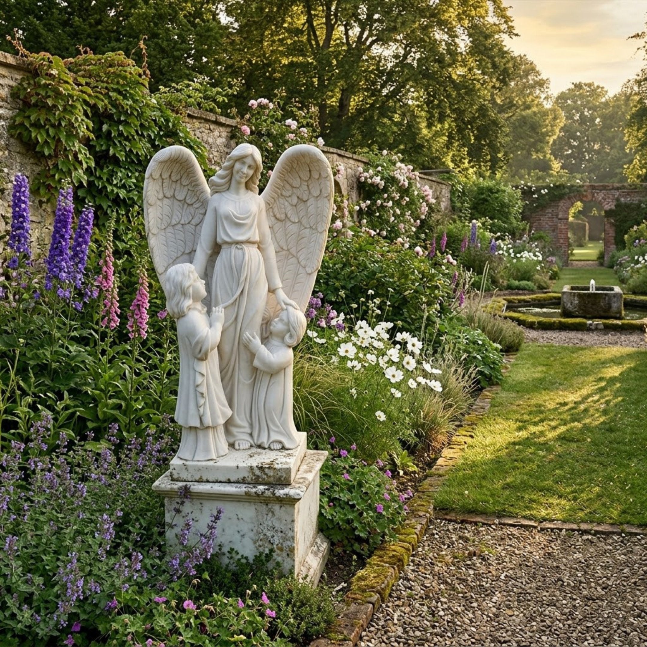 Angel Pair Angel Marble Outdoor Sculpture by Giant Sculptures, 180cm white marble winged angel with two children on a square pedestal in a lush English garden setting.
