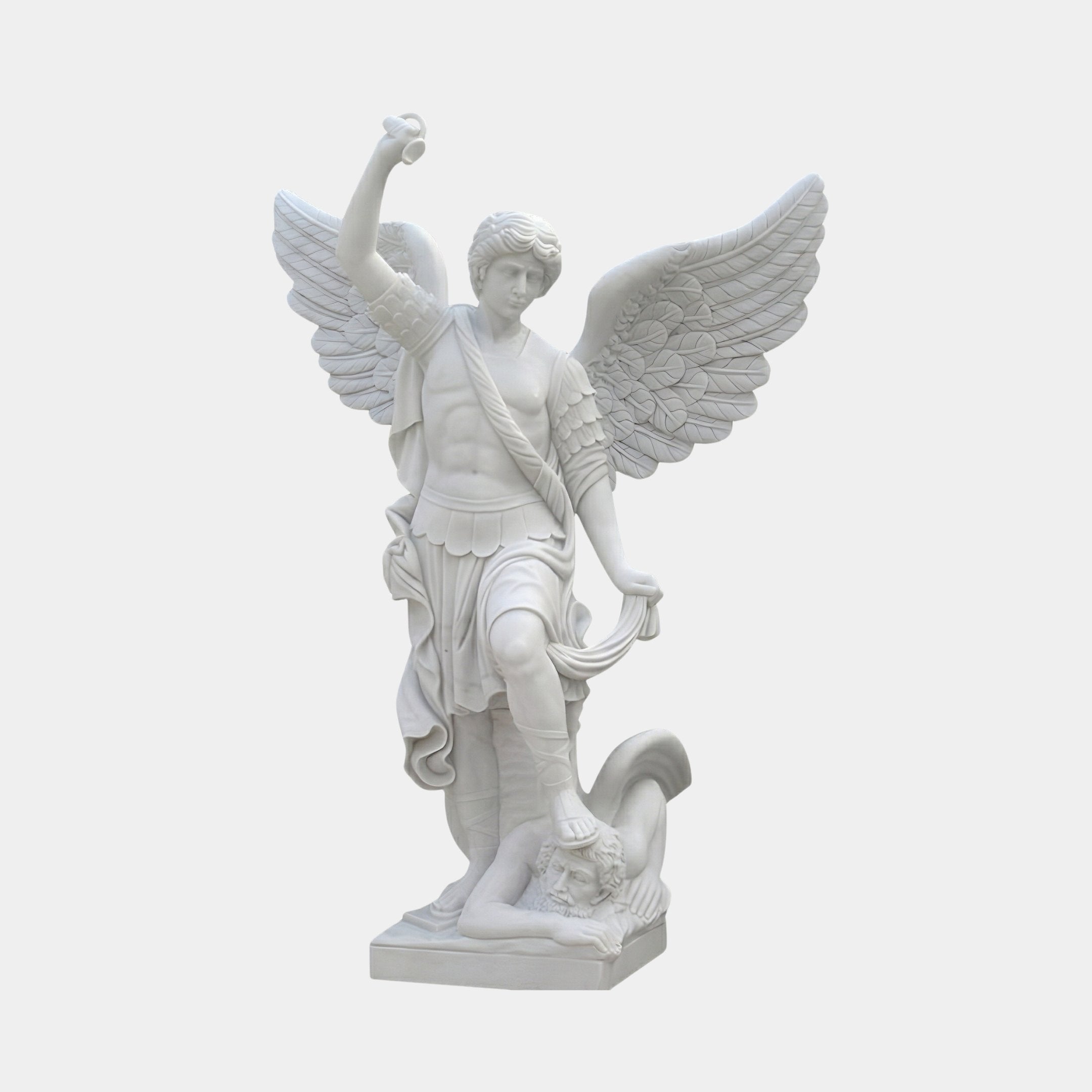 Archangel St Michael Angel Marble Outdoor Sculpture by Giant Sculptures, 180cm white marble figure with raised sword, spread wings, and defeated demon underfoot, on a plain light background.