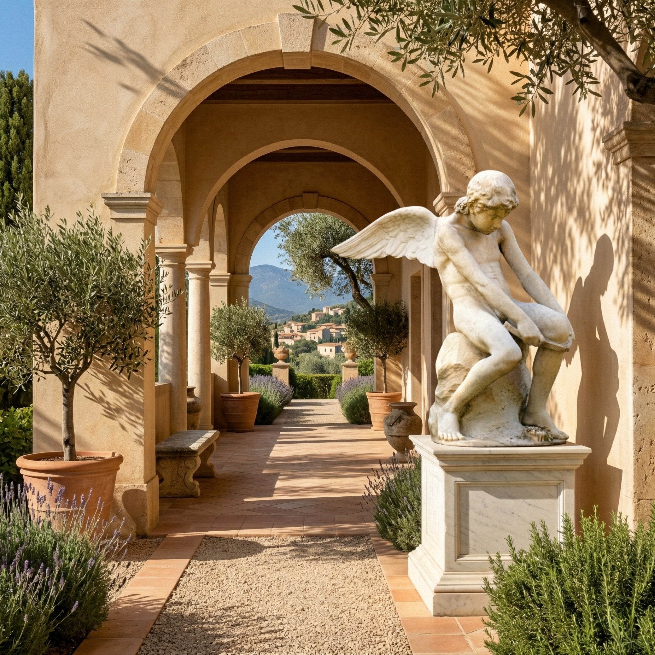 Winged Garden Boy Angel Marble Outdoor Sculpture by Giant Sculptures, 100cm, in white marble on a pedestal beside an arched colonnade with olive trees and lavender.