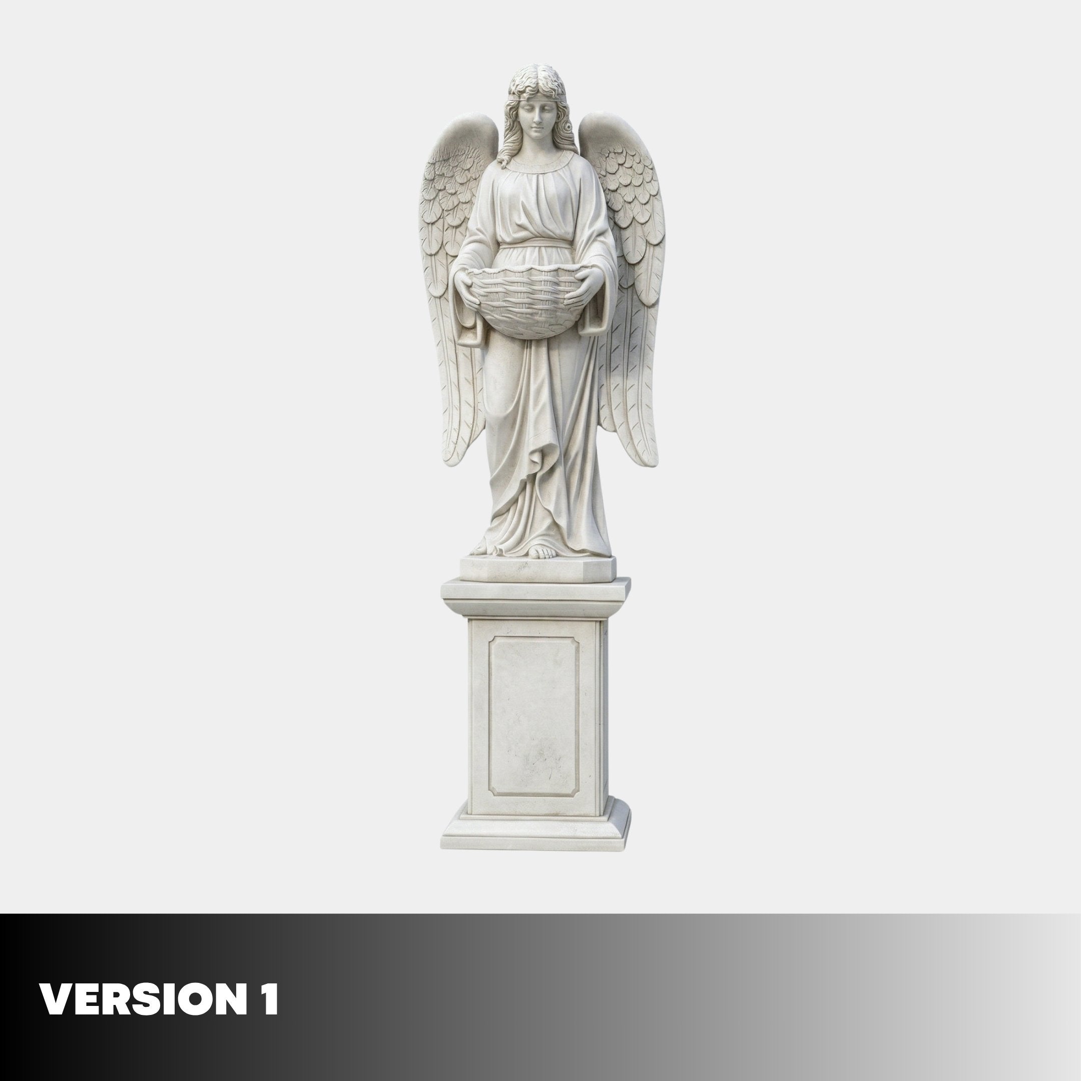 A hand-carved Angel Statue Angel Marble Outdoor Sculpture - 180cm by Giant Sculptures stands on a pedestal, holding a large bowl with outspread wings against a plain light background. VERSION 1 appears in bold at the bottom left.