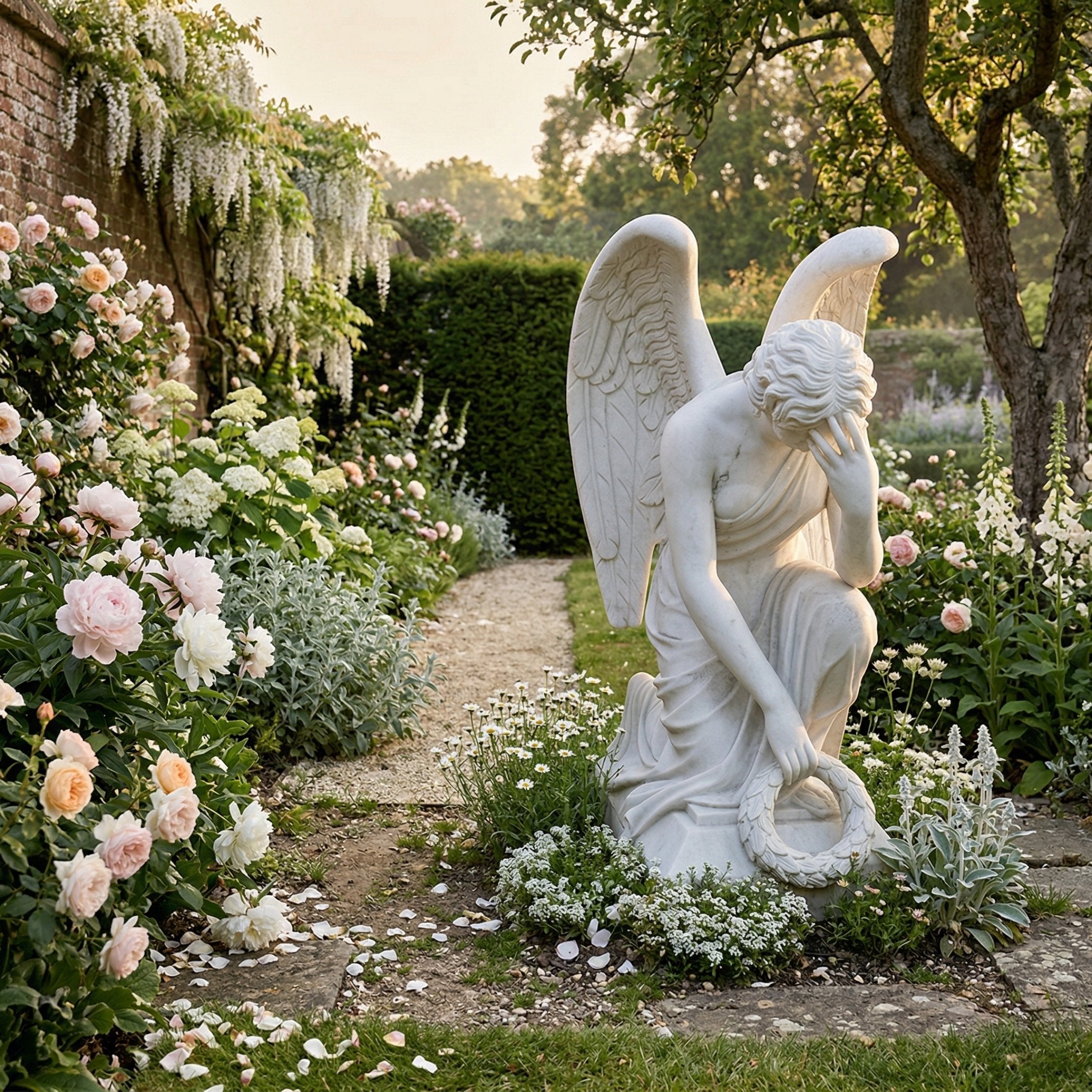Angel With Wings marble outdoor sculpture by Giant Sculptures, 120cm tall, depicting a kneeling winged female figure in classical robes set among pink roses and white flowers in a lush garden.