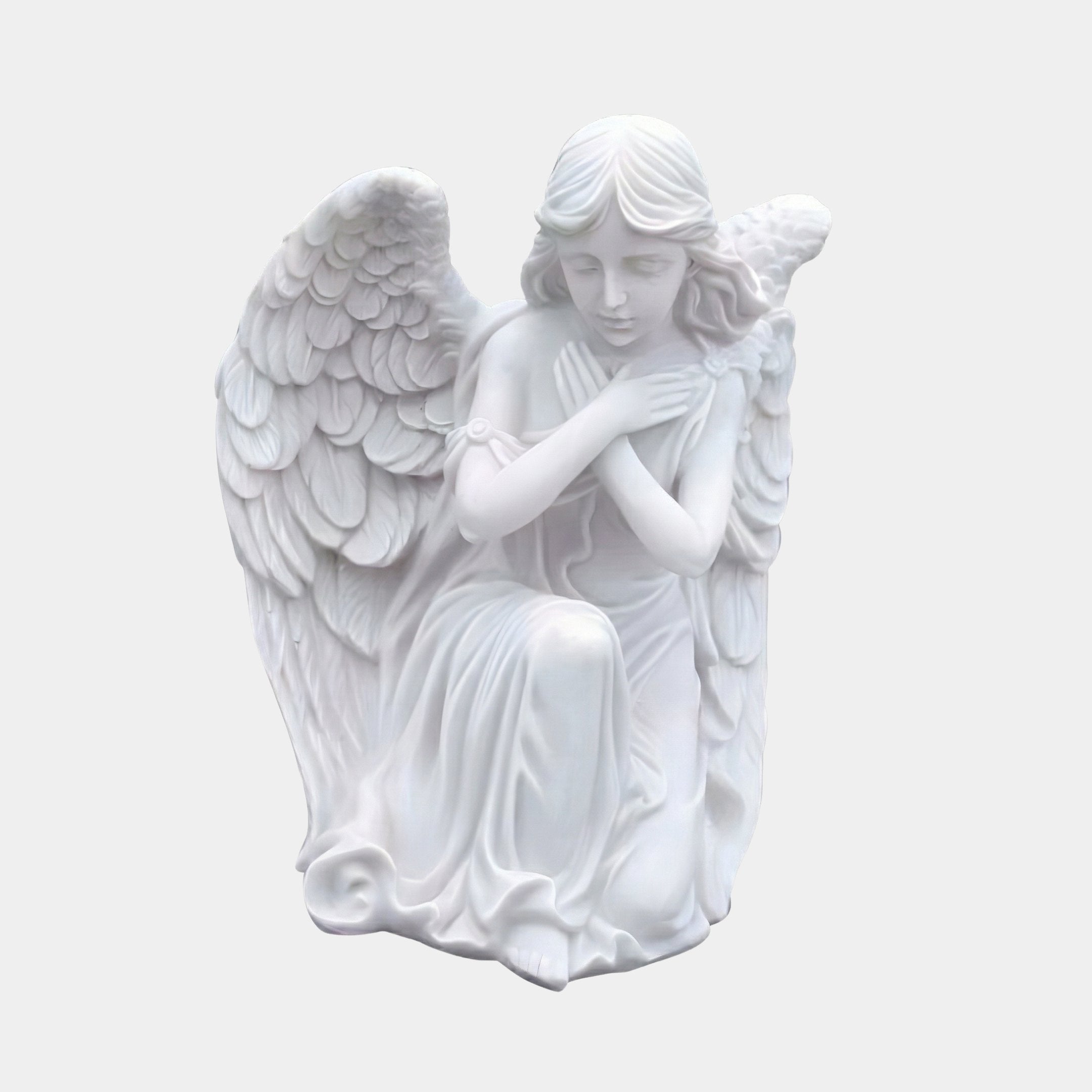 Kneeling Angel Marble Outdoor Sculpture 80cm by Giant Sculptures, white marble figure with arms crossed, head bowed, detailed feathered wings, on plain light background.