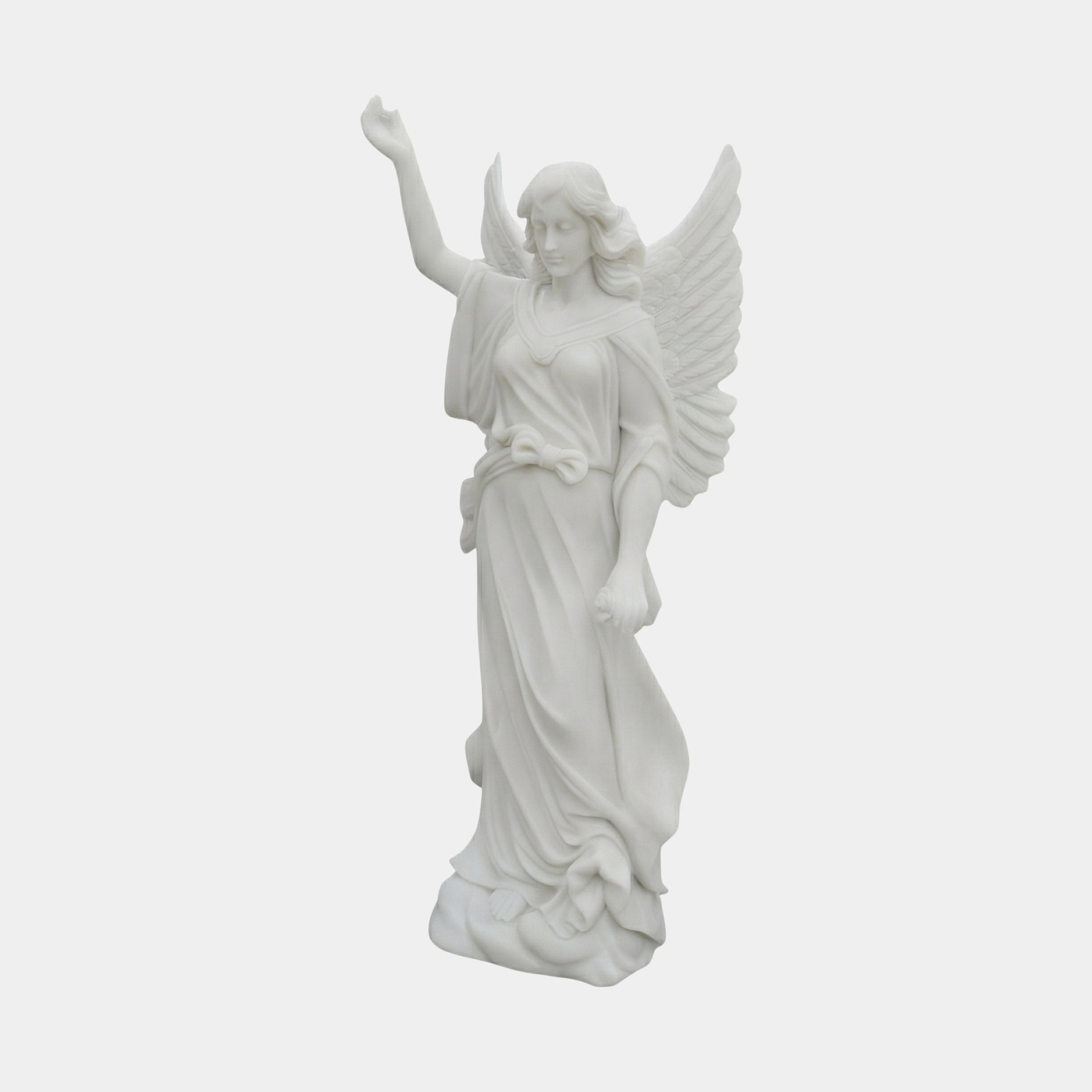 Standing Female Angel Marble Outdoor Sculpture – 180cm by Giant Sculptures, carved in white marble with raised right arm, flowing robes, and detailed wings, on a plain white background.