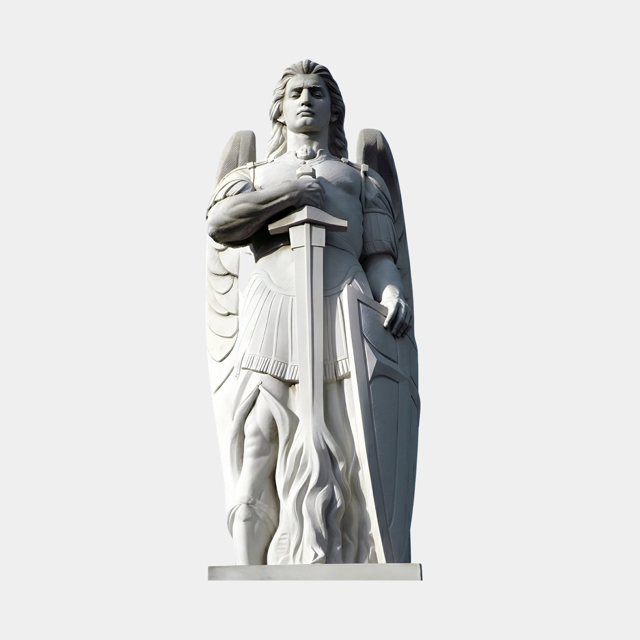 Male Guardian Angel Marble Outdoor Sculpture by Giant Sculptures, 180cm tall winged angel in white marble holding a sword, wearing Roman-style armor, on a rectangular base against a plain light background.