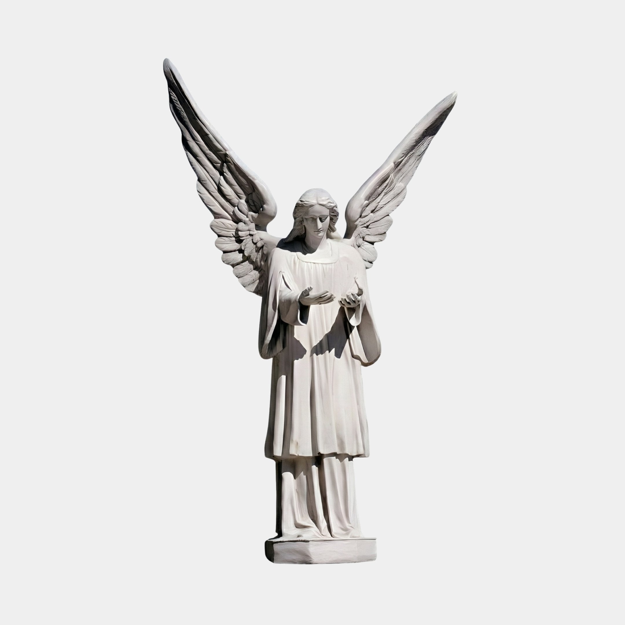 Woman Angel Marble Outdoor Sculpture – 180cm by Giant Sculptures, a white marble angel with outstretched wings and flowing robes on a rectangular base, shown against a light grey background.