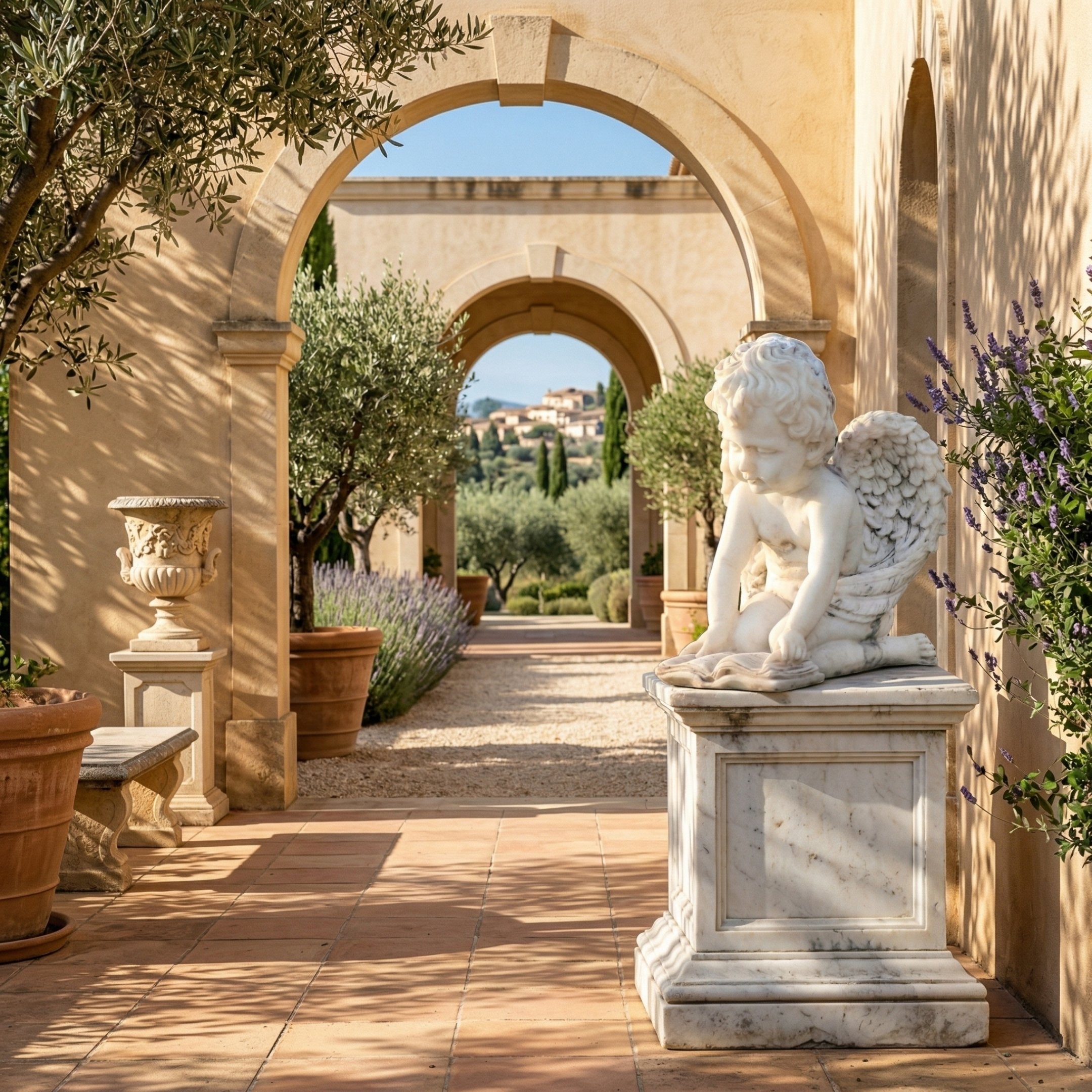 Small Angel Reading Angel Marble Outdoor Sculpture by Giant Sculptures, a 50cm white marble cherub seated and reading a book on a square marble pedestal, displayed in a sunlit arcaded courtyard with olive trees and lavender.