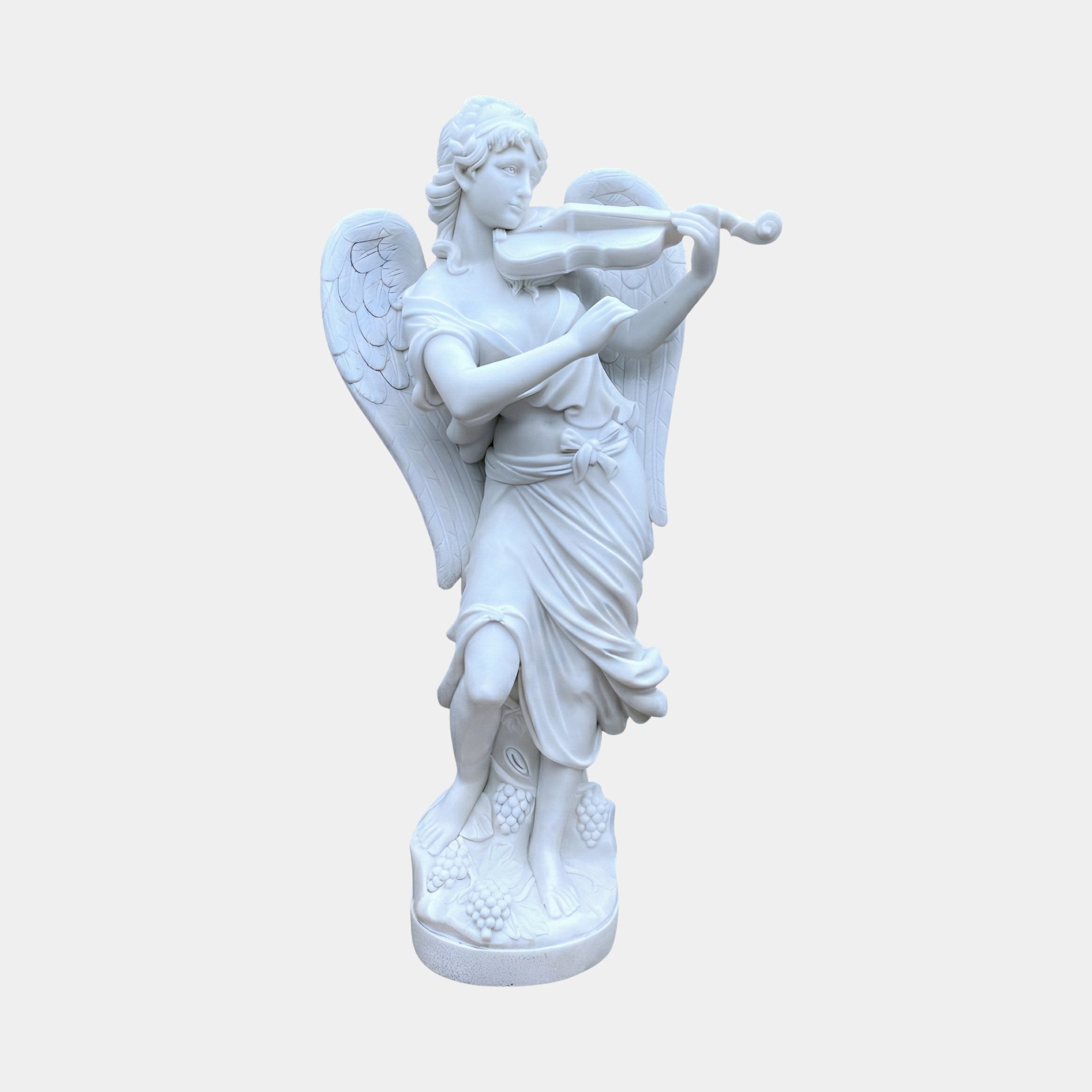 Angel Playing Violin Marble Outdoor Sculpture by Giant Sculptures, 180cm white marble winged angel in flowing robes playing violin on a round base, plain light background.