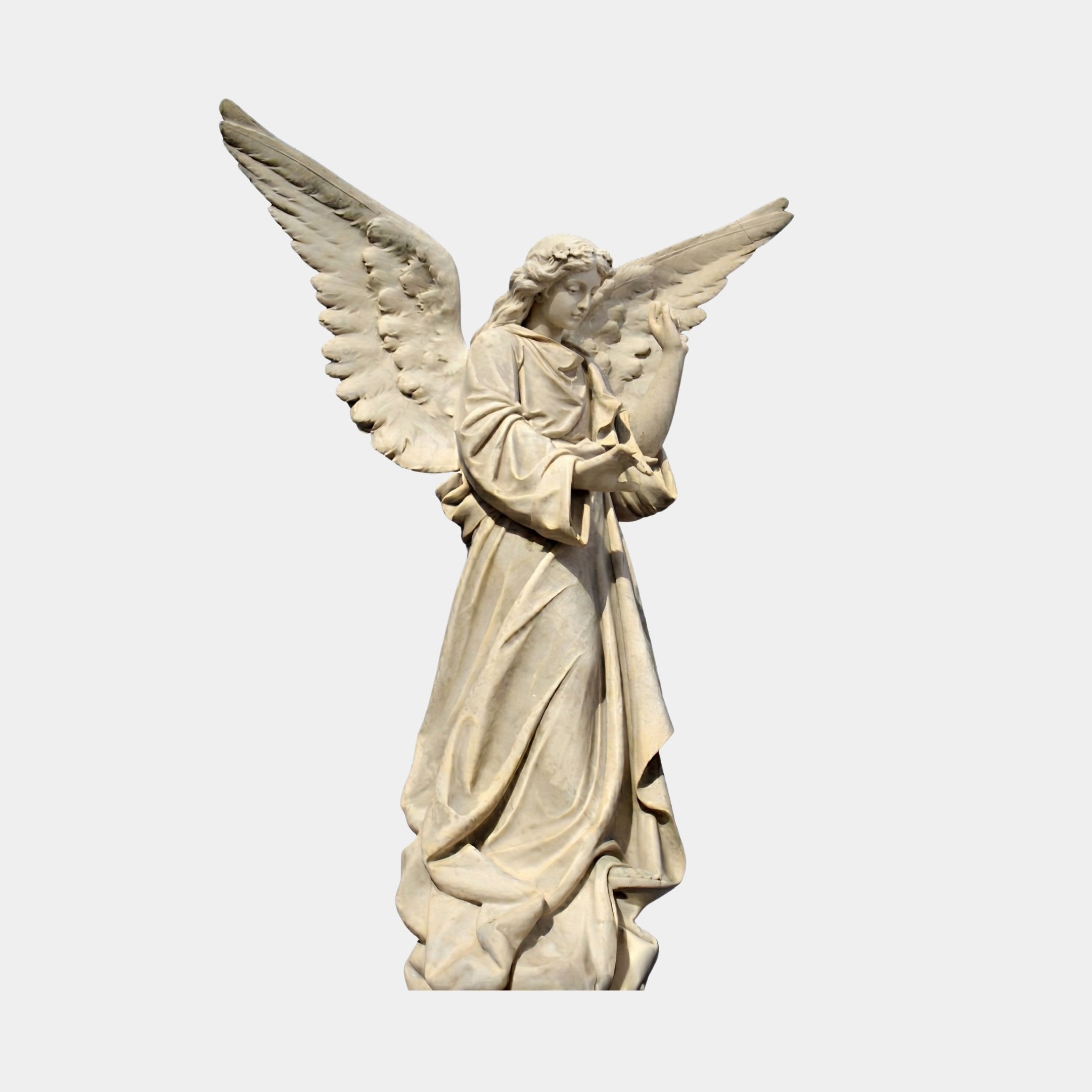 Large Angel Marble Outdoor Sculpture by Giant Sculptures, 180cm winged angel in flowing robes with arms crossed at the chest, carved in white marble on a light grey background.