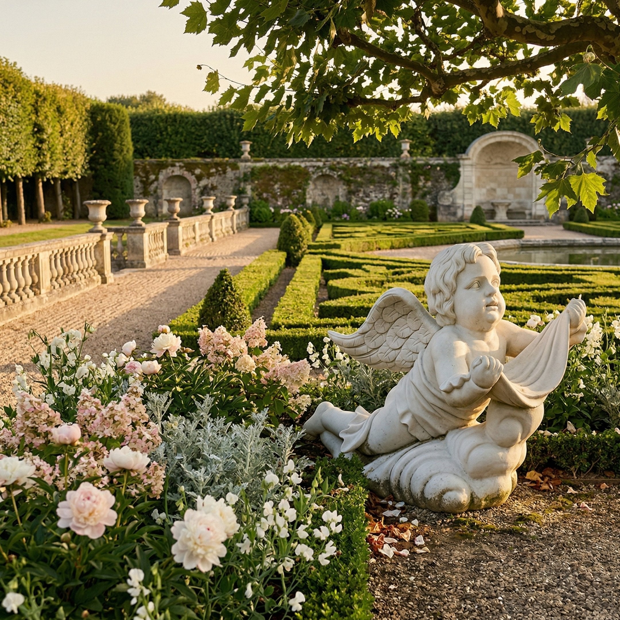 Cherub Angel Marble Outdoor Sculpture by Giant Sculptures, a reclining winged cherub in white marble with detailed wings and flowing drapery, displayed in a formal garden with hedges and flowers.
