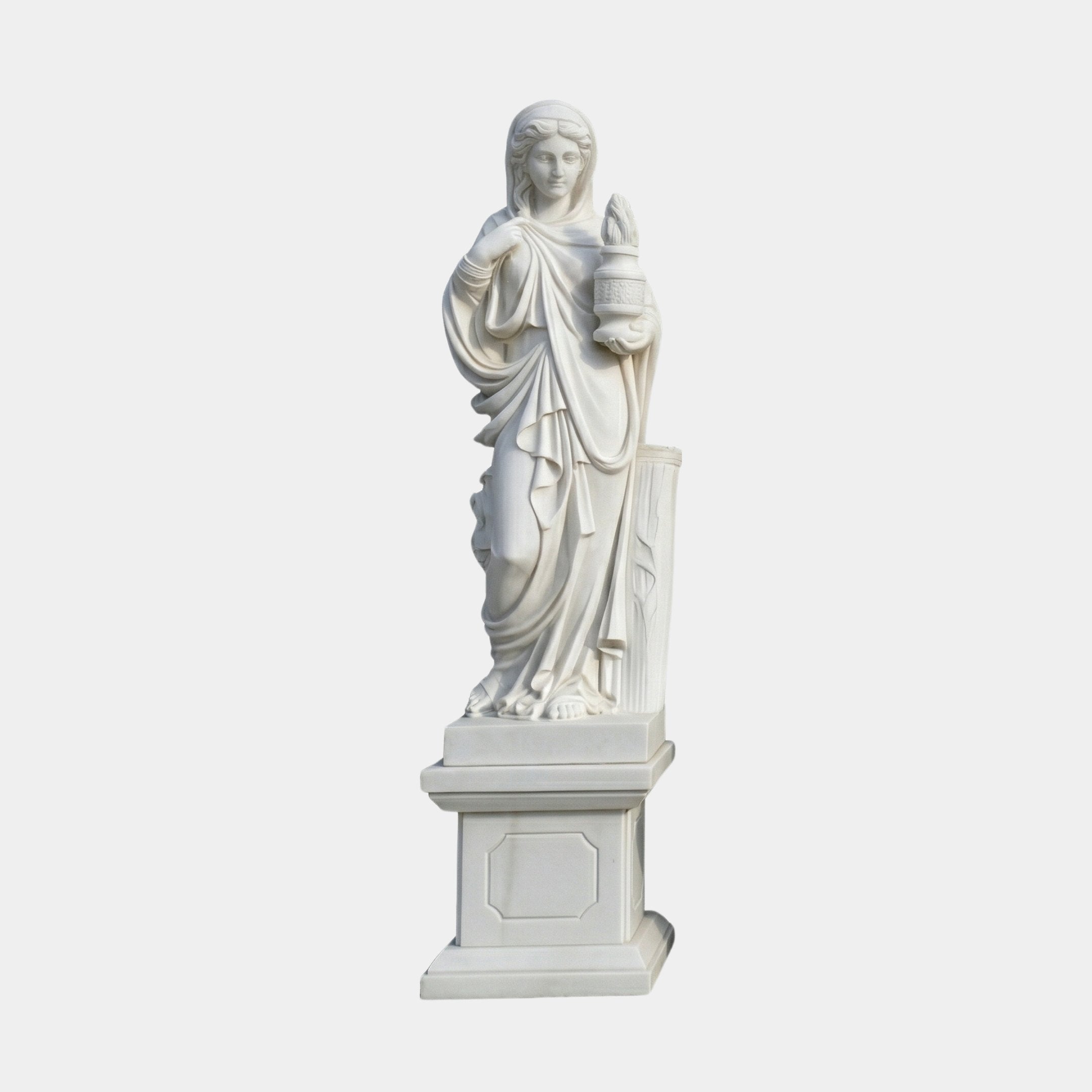 Four Season Angel Marble Outdoor Sculpture in white natural marble depicting a classical draped female figure holding an urn beside a fluted column, standing on a pedestal base against a plain light background.