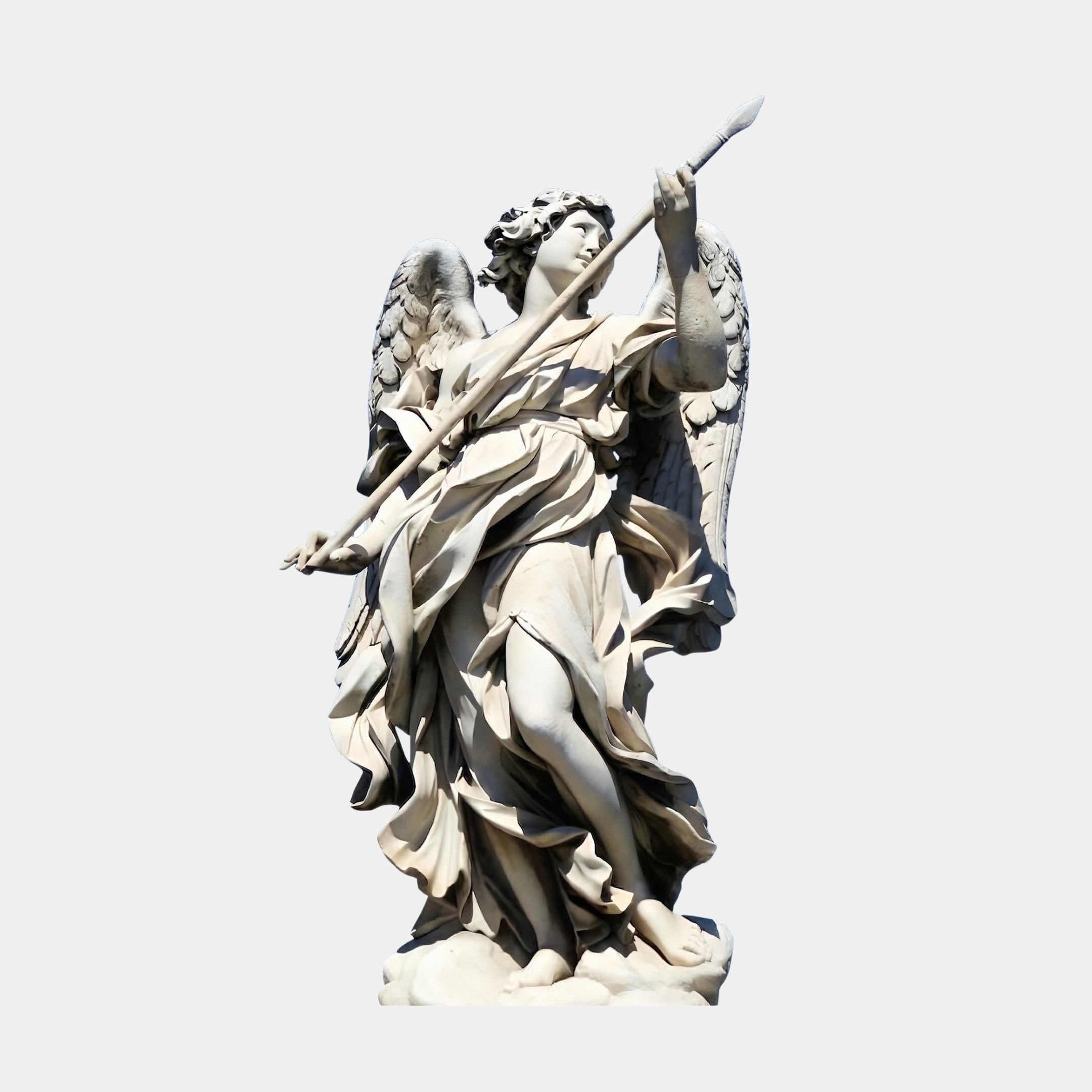 Ponte Sant Angelo V2 Angel Marble Outdoor Sculpture by Giant Sculptures, 180cm white marble angel in flowing drapery holding a lance, wings spread, against a plain light background.