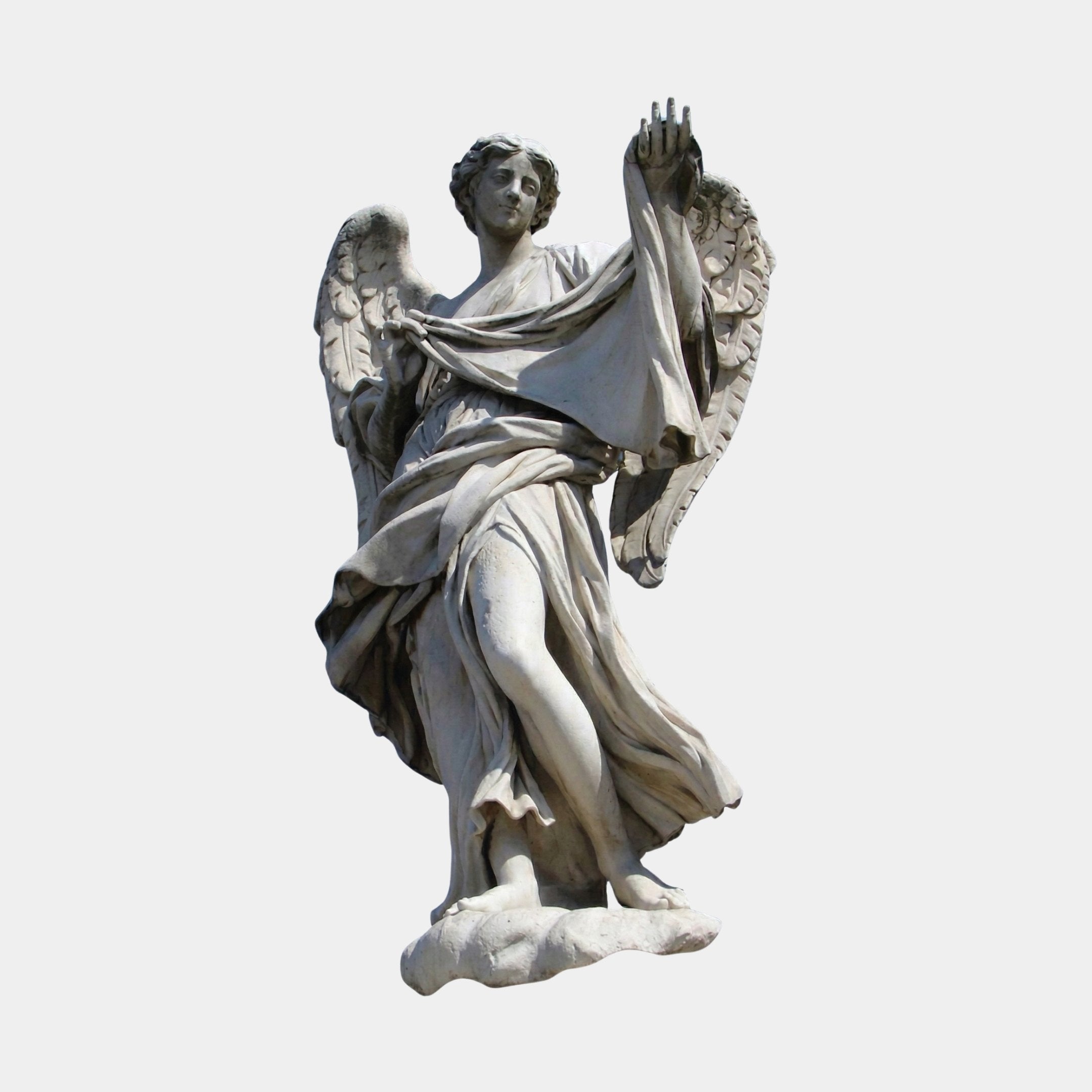 Ponte Sant Angelo V1 Angel Marble Outdoor Sculpture by Giant Sculptures, 180cm white marble figure with wings and flowing drapery on a cloud base, shown against a plain light background.