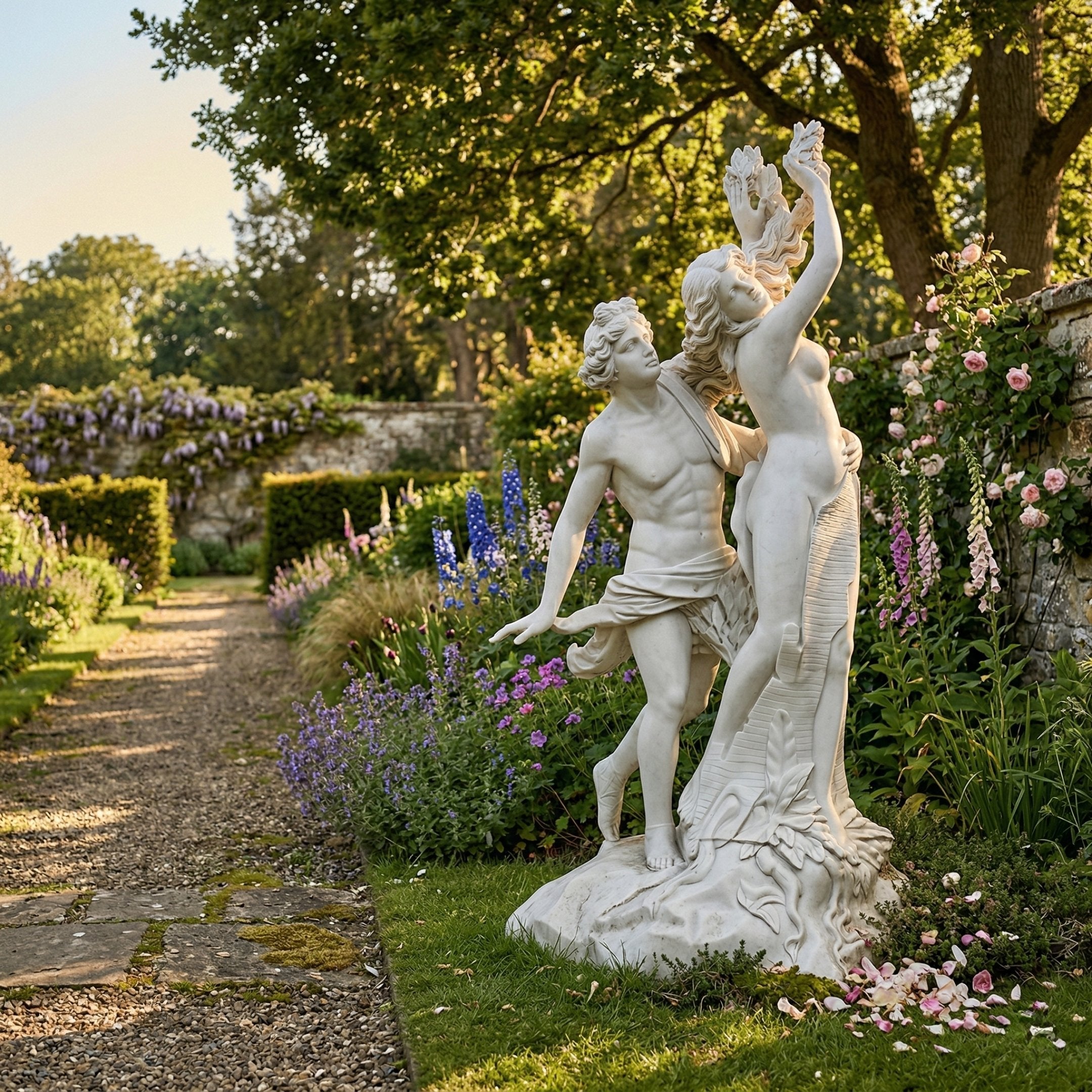 Apollo And Daphne Angel Marble Outdoor Sculpture by Giant Sculptures, 210cm white marble figures in a lush English garden with flowering borders and climbing roses.
