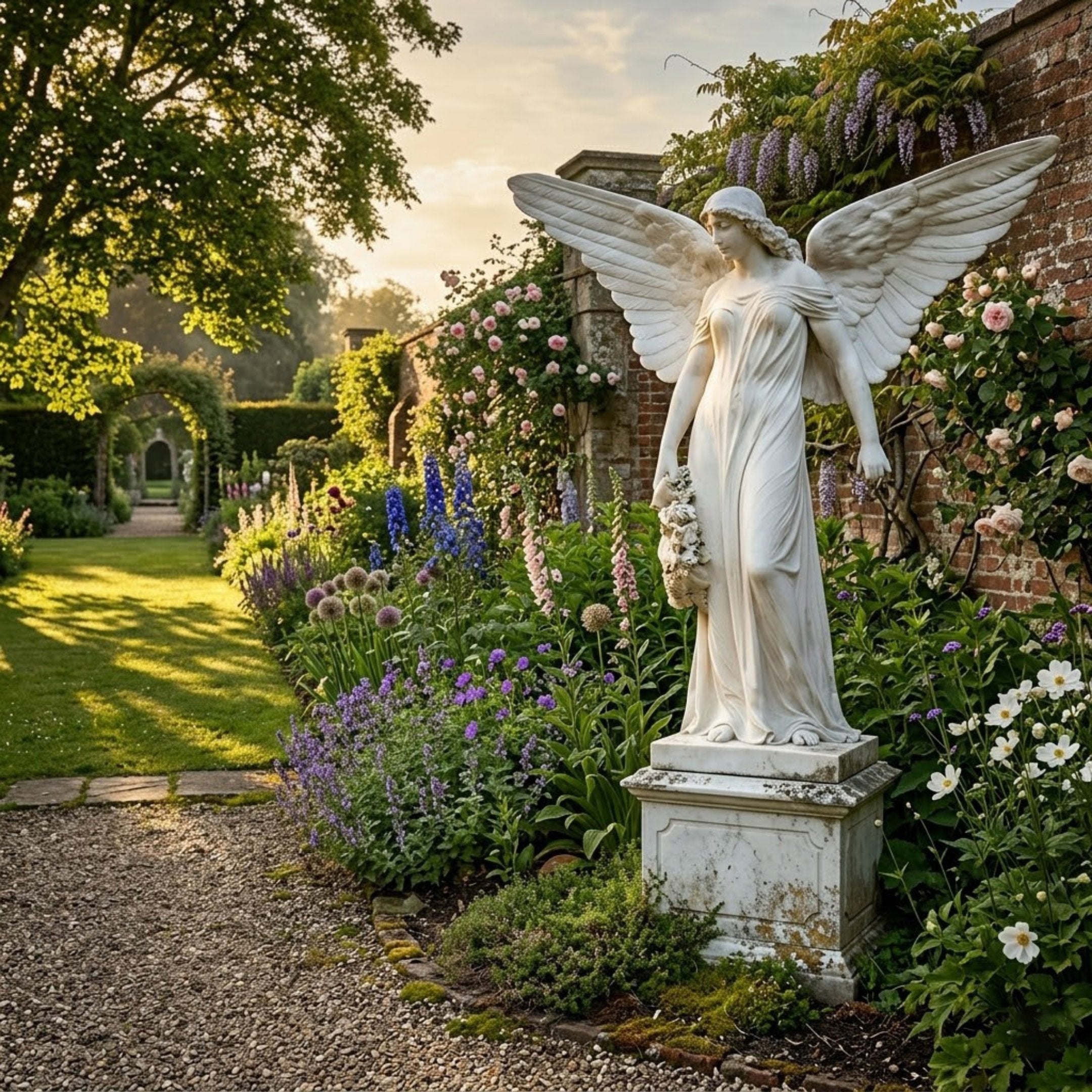 Classic Praying Angel Marble Outdoor Sculpture by Giant Sculptures, 180cm white marble angel with spread wings and flowing robes holding flowers, set in a lush English walled garden.
