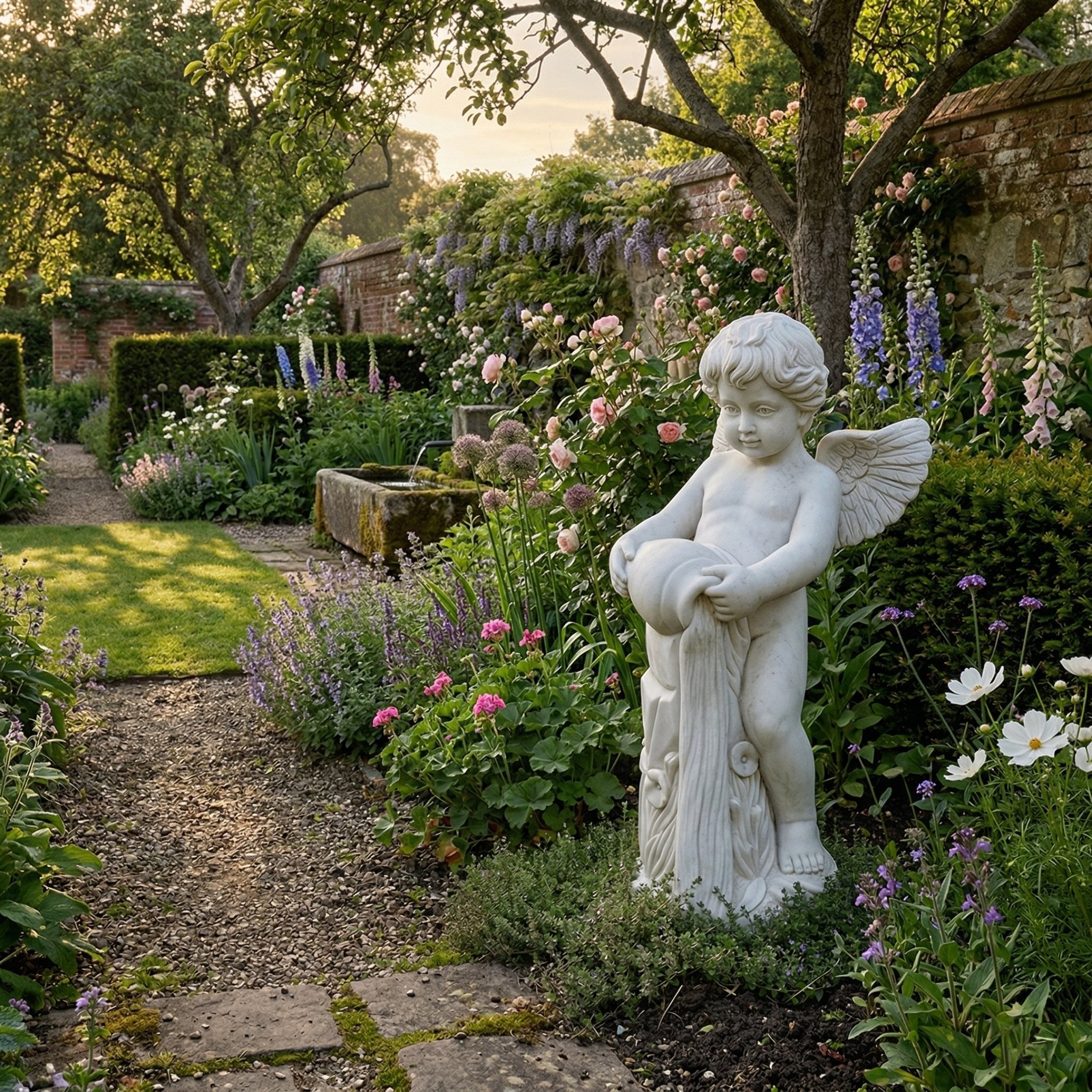 Giant Sculptures Cherub V2 Angel Marble Outdoor Sculpture in white natural marble, 80cm tall, shown in an English cottage garden beside a gravel path with flowering borders and a brick wall.