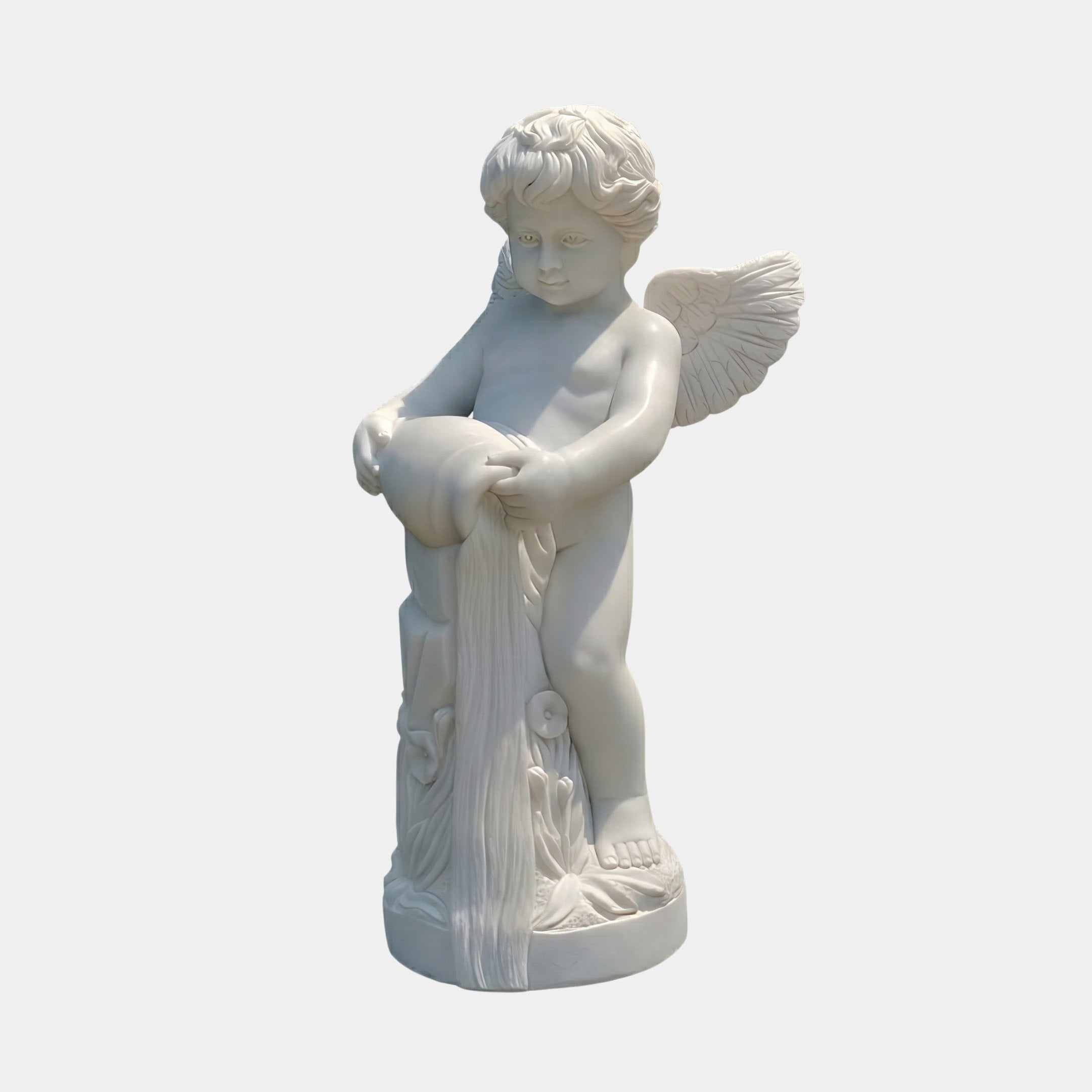 Cherub V2 Angel Marble Outdoor Sculpture by Giant Sculptures, a white marble winged cherub in a natural standing pose holding a draped cloth, on a round base, against a plain light background.