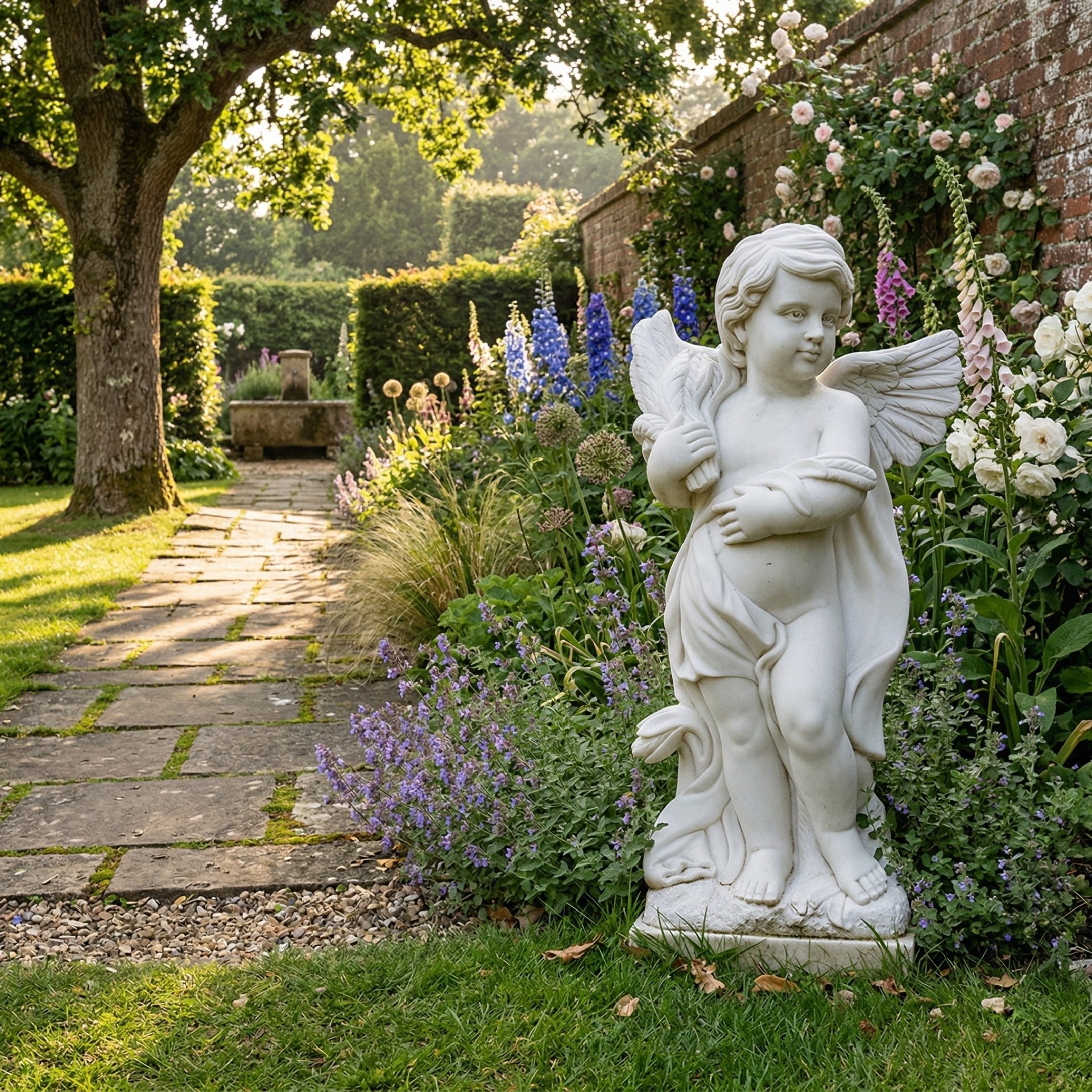 Cherub V1 Angel Marble Outdoor Sculpture by Giant Sculptures, an 80cm white marble winged cherub in a playful pose, set in a walled English garden with foxgloves and roses.