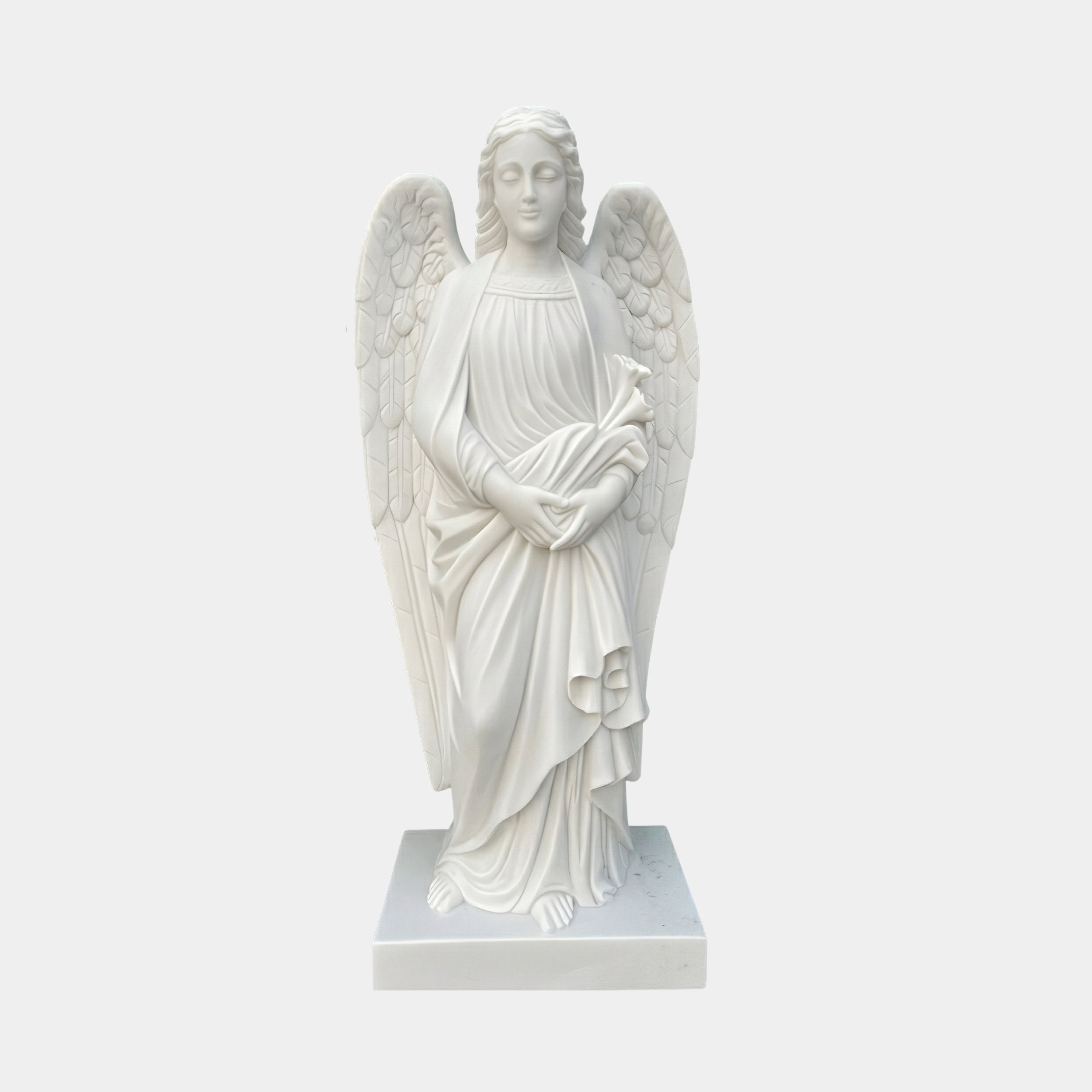 Saint Gabriel Angel Marble Outdoor Sculpture by Giant Sculptures, 150cm white marble figure with detailed wings and flowing robes on a square base, shown against a plain light background.