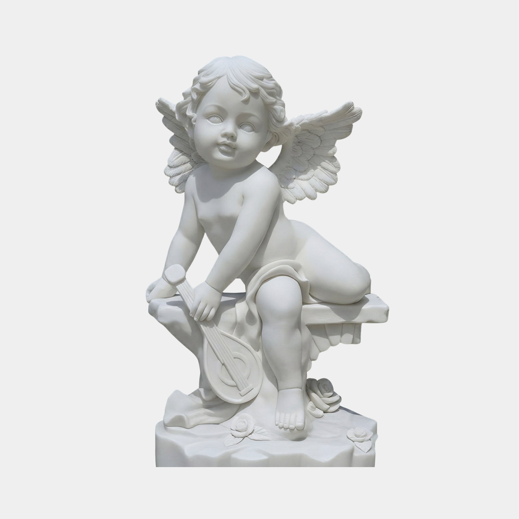 Cherub Kneeling Angel Marble Outdoor Sculpture in white marble, depicting a seated winged cherub holding a lyre with roses at the base, shown against a plain light grey background.