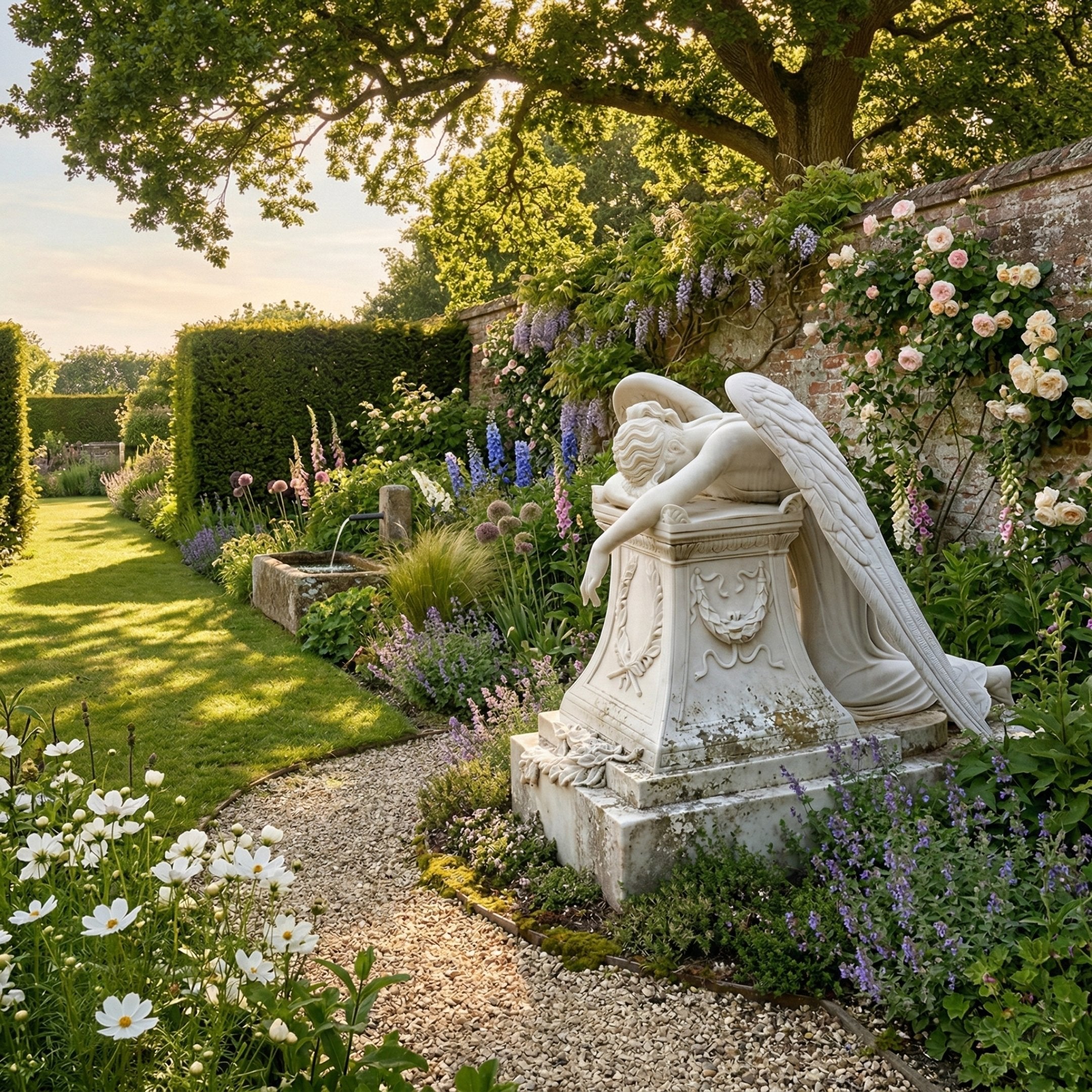Angel Headstone Angel Marble Outdoor Sculpture by Giant Sculptures, 120cm white marble angel draped over a pedestal headstone, set in a walled English garden with roses and perennials.