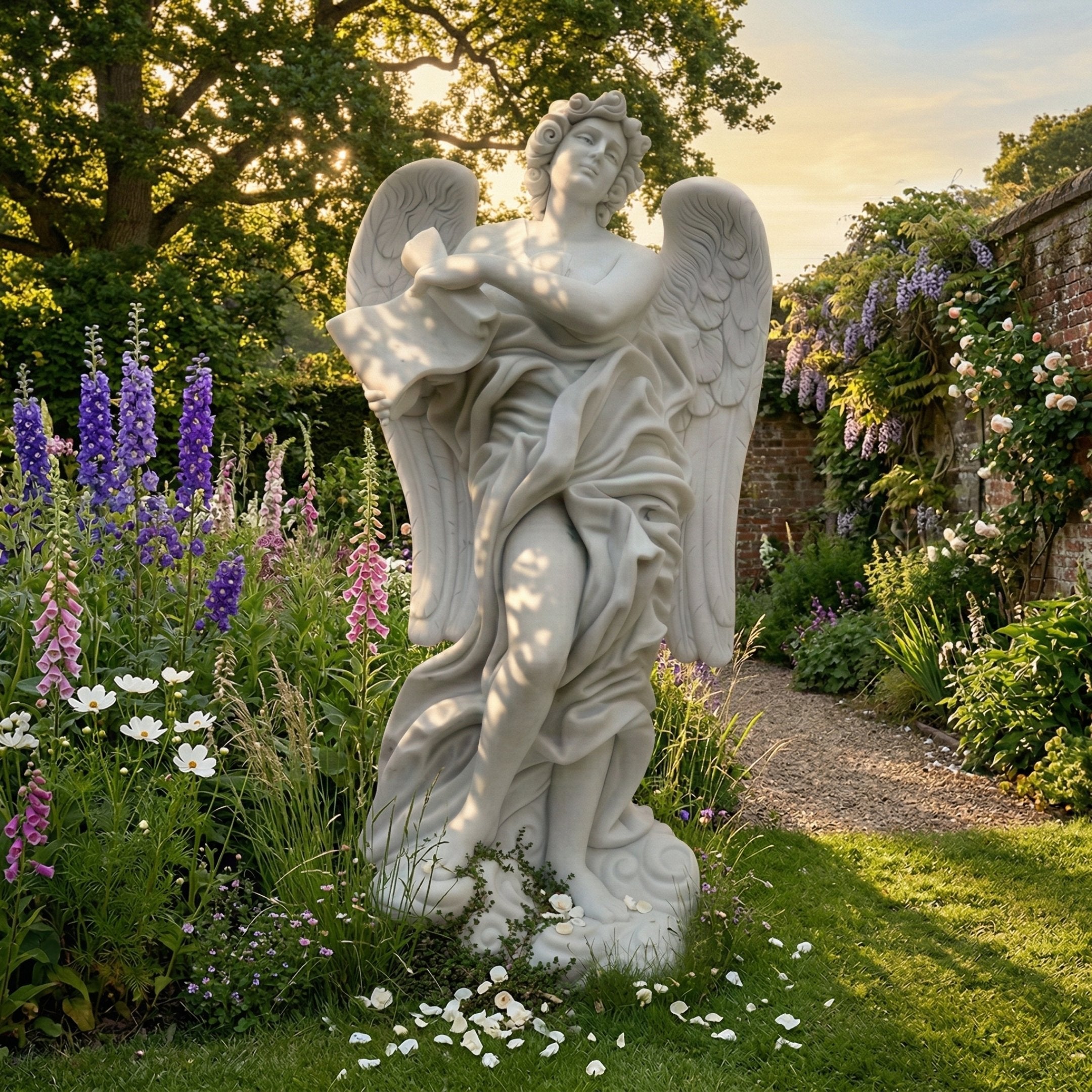 Large Winged Angel Marble Outdoor Sculpture by Giant Sculptures, 180cm white marble figure with flowing robes and dramatic feathered wings, displayed in a garden with purple delphiniums and pink foxgloves.