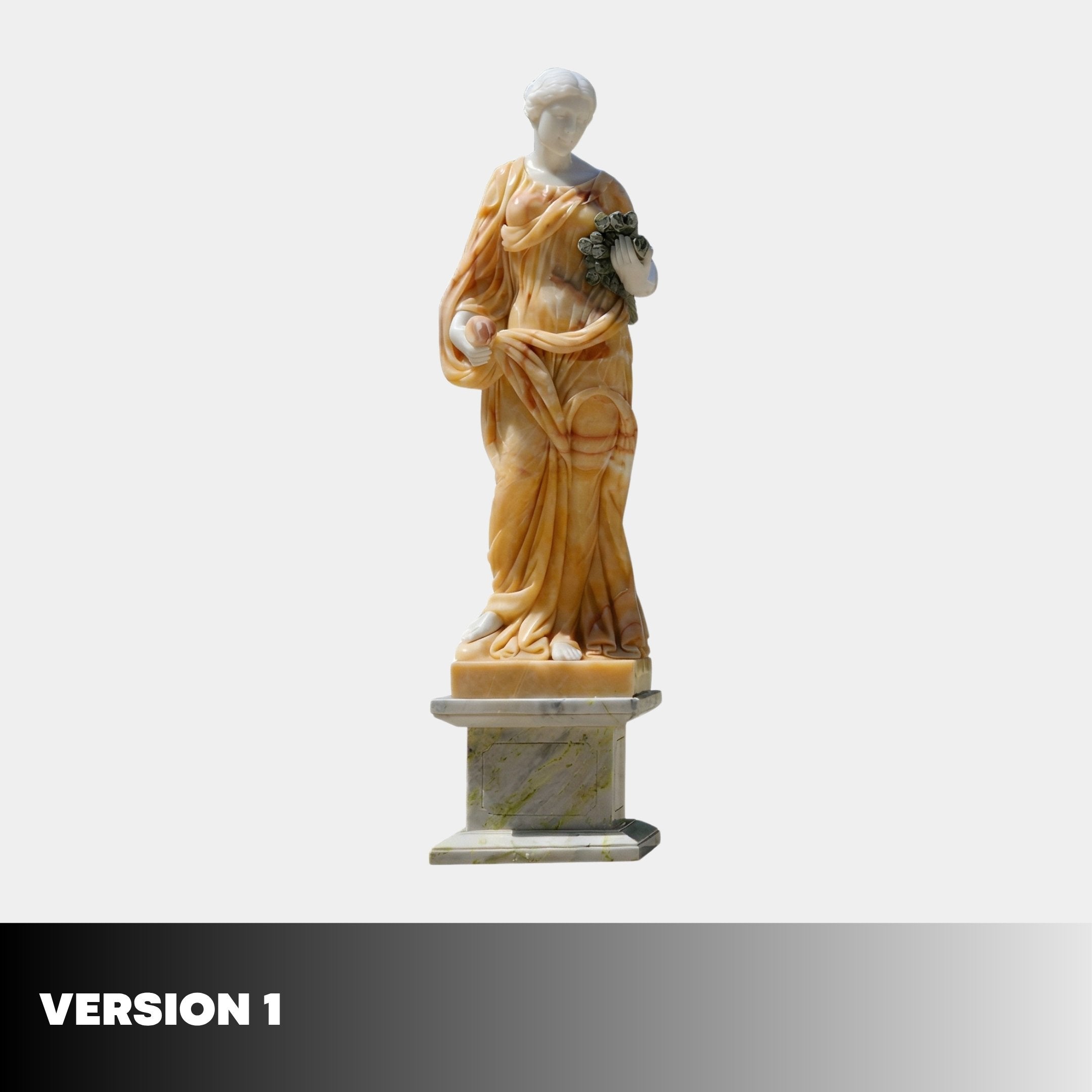 The Four Season Female Angel Marble Outdoor Sculpture (220cm) by Giant Sculptures features a standing woman in classical dress with a small bouquet, displayed on a pedestal. The statue’s elegant white and gold tones stand out against a plain light background.