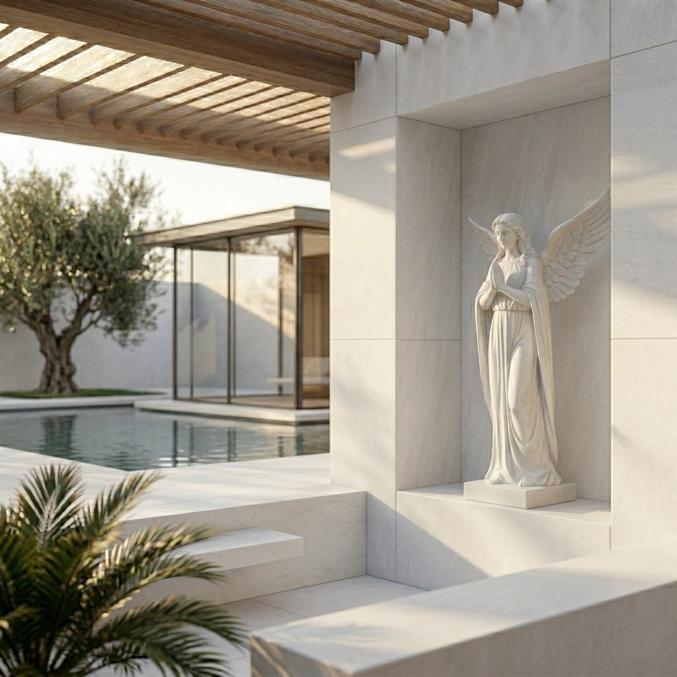 Praying Lady Marble Angel Sculpture by Giant Sculptures, 180cm white marble figure with detailed wings and flowing robes, displayed in a wall niche beside a pool courtyard.