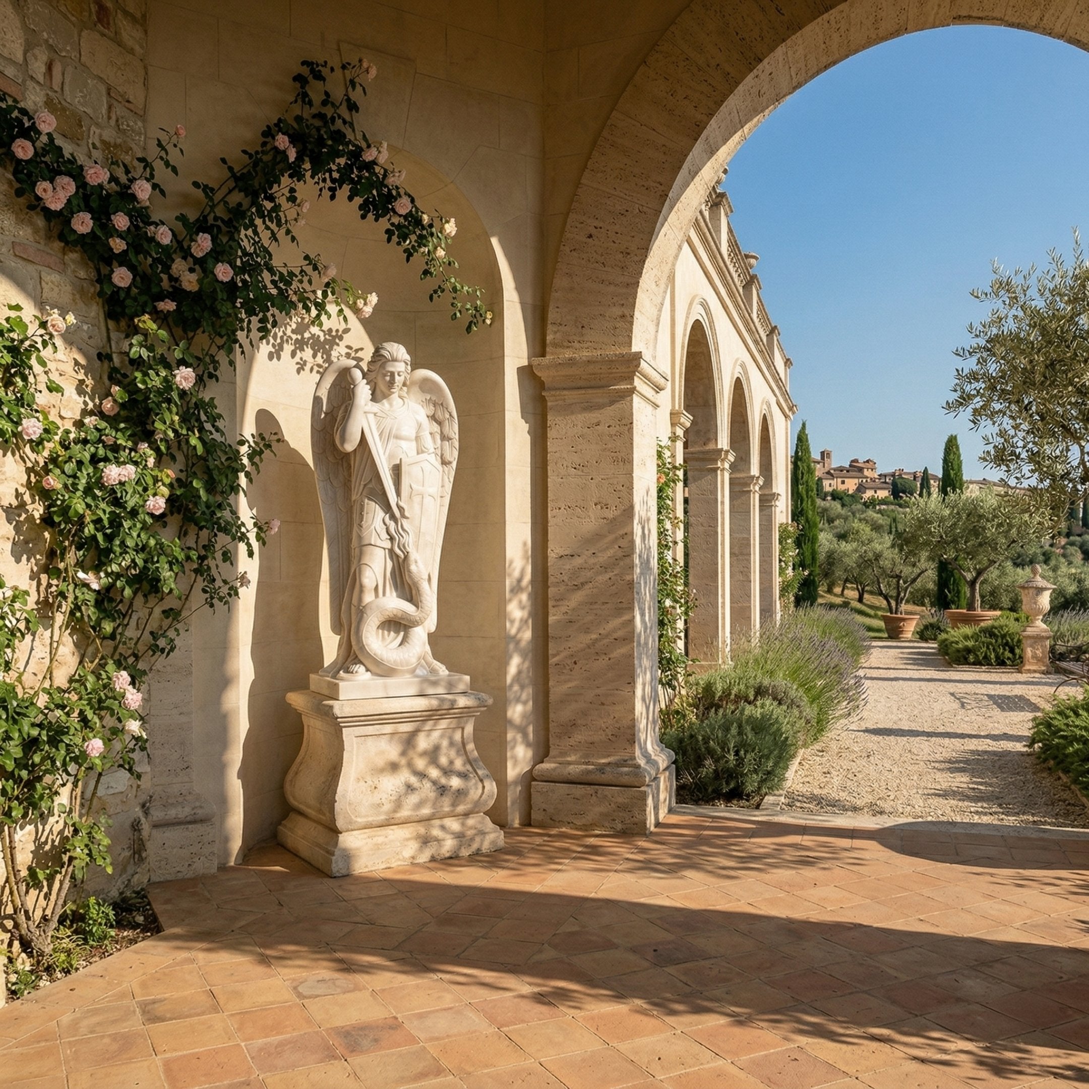 St Michael Guardian Angel Marble Outdoor Sculpture – 180cm by Giant Sculptures, white marble archangel with spread wings, sword, and shield standing over a serpent on a pedestal beneath a stone archway with climbing roses and a Tuscan garden beyond.