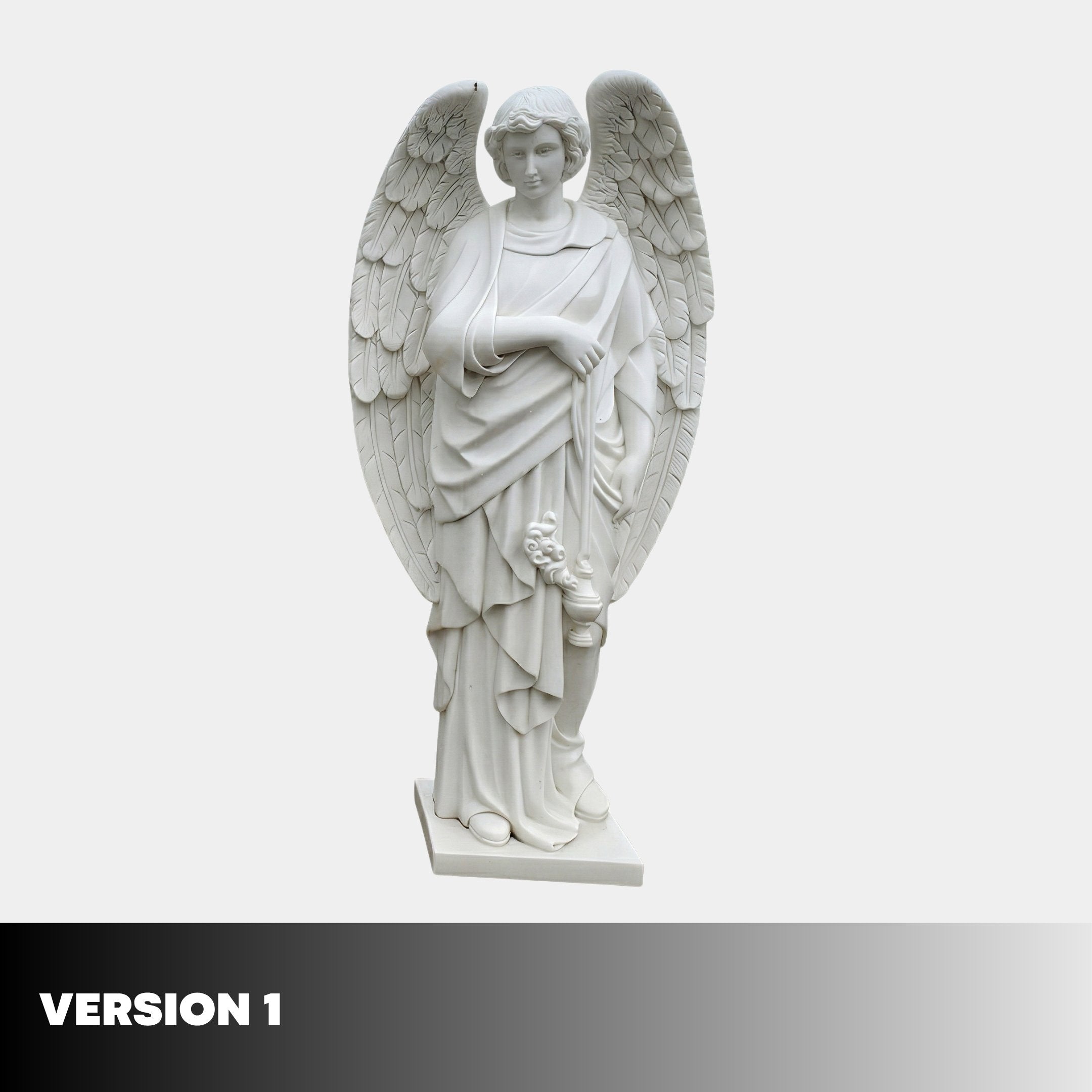 A 120cm white marble Standing Male Angel Outdoor Sculpture by Giant Sculptures features large feathered wings, flowing robes, and holds flowers and a chain. The plain light gray background has VERSION 1 in a black-to-gray gradient bar at the bottom left.