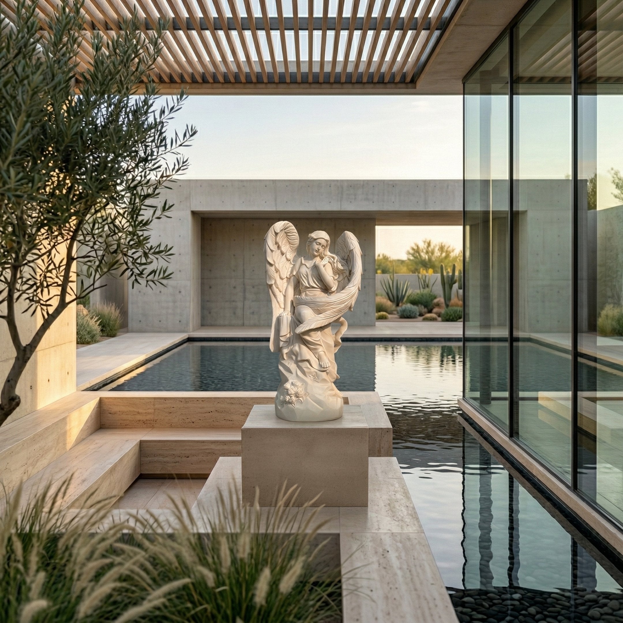 Life-Size Angel Marble Outdoor Sculpture by Giant Sculptures, 160cm white marble winged angel in flowing draped robes on a stone pedestal beside a reflecting pool in a modern courtyard.
