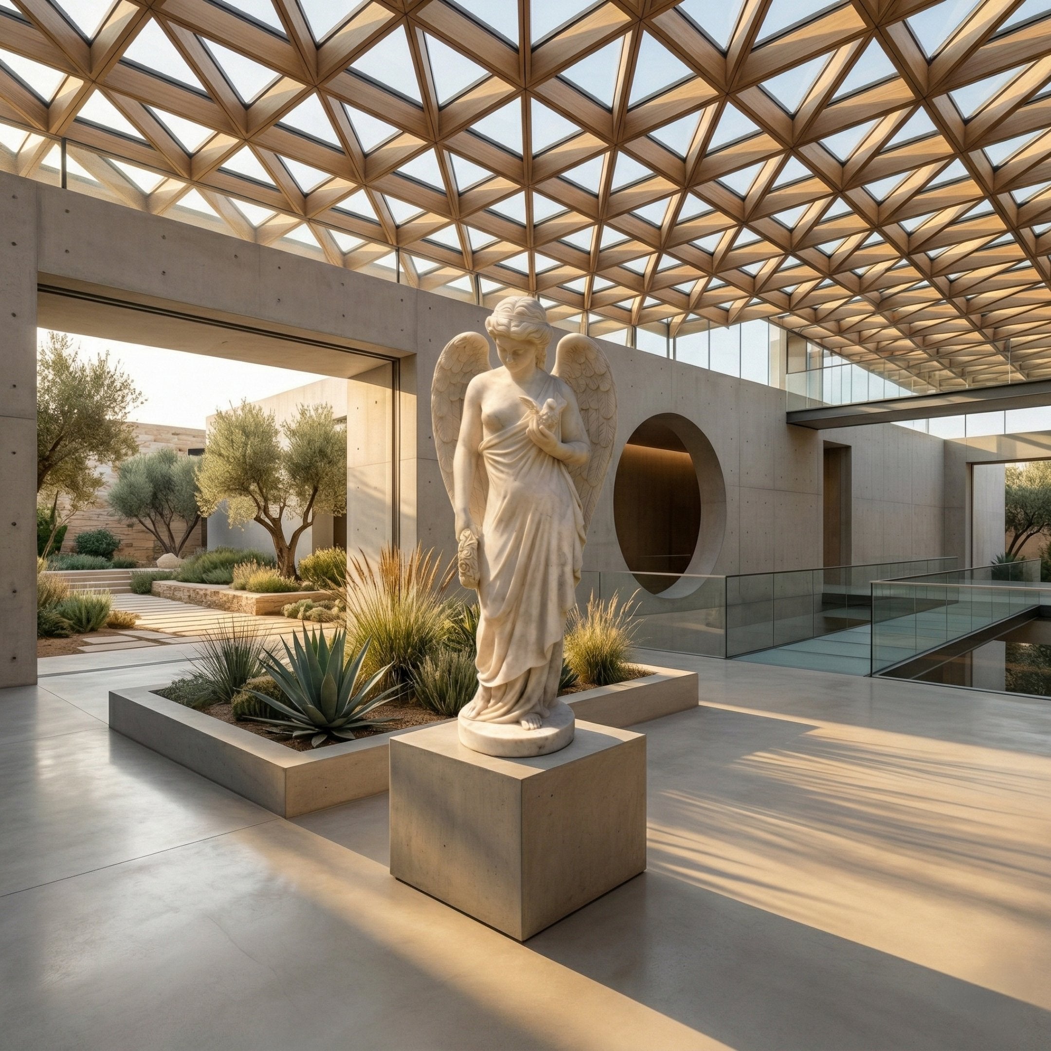 Giant Sculptures Winged Angel Marble Outdoor Sculpture 160cm in white marble, robed figure cradling a bird, on a stone plinth in a sunlit modern courtyard.