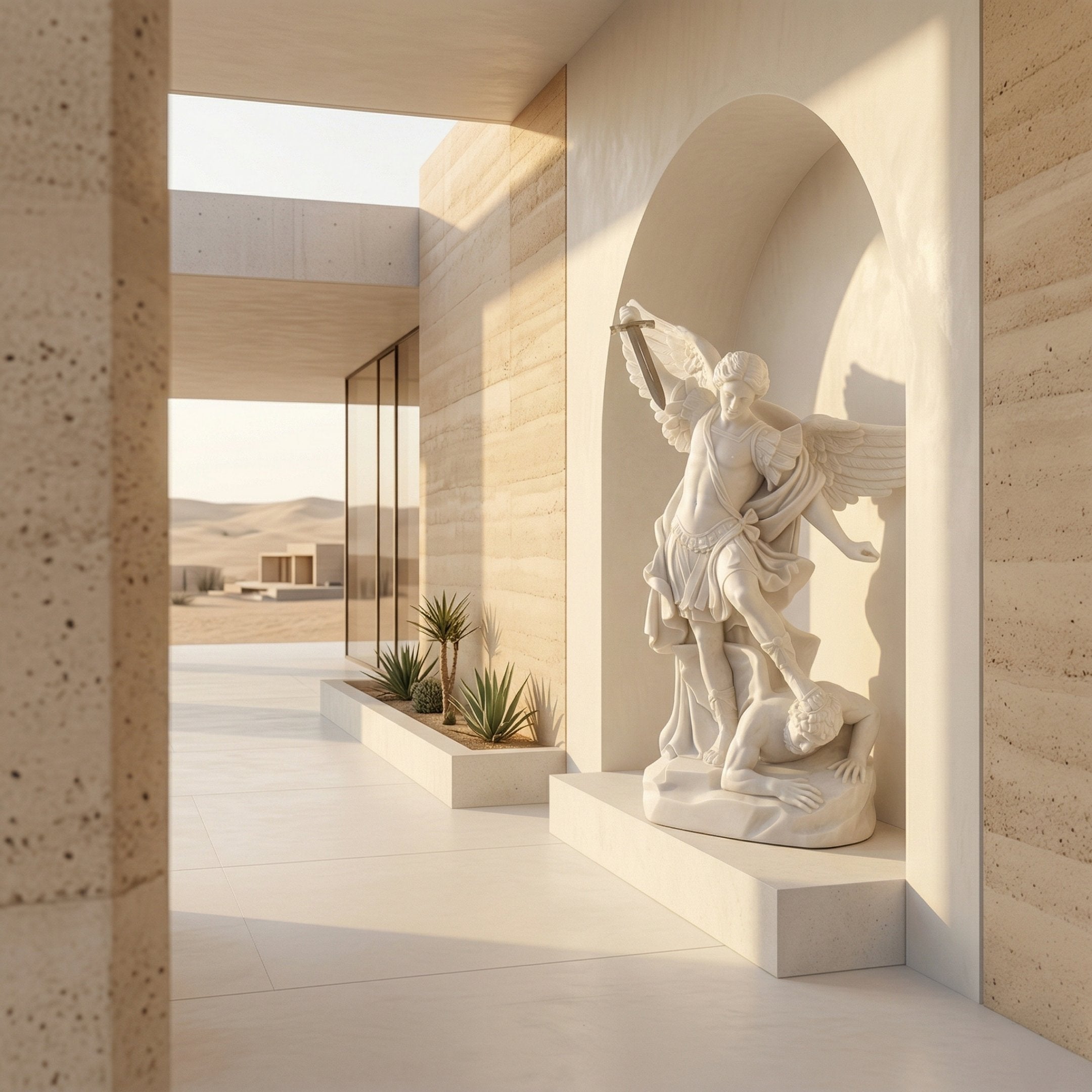 St Michael Angel Marble Outdoor Sculpture by Giant Sculptures, 180cm white marble archangel with raised sword and wings standing over a fallen figure, displayed in an arched niche within a modern desert-set corridor.