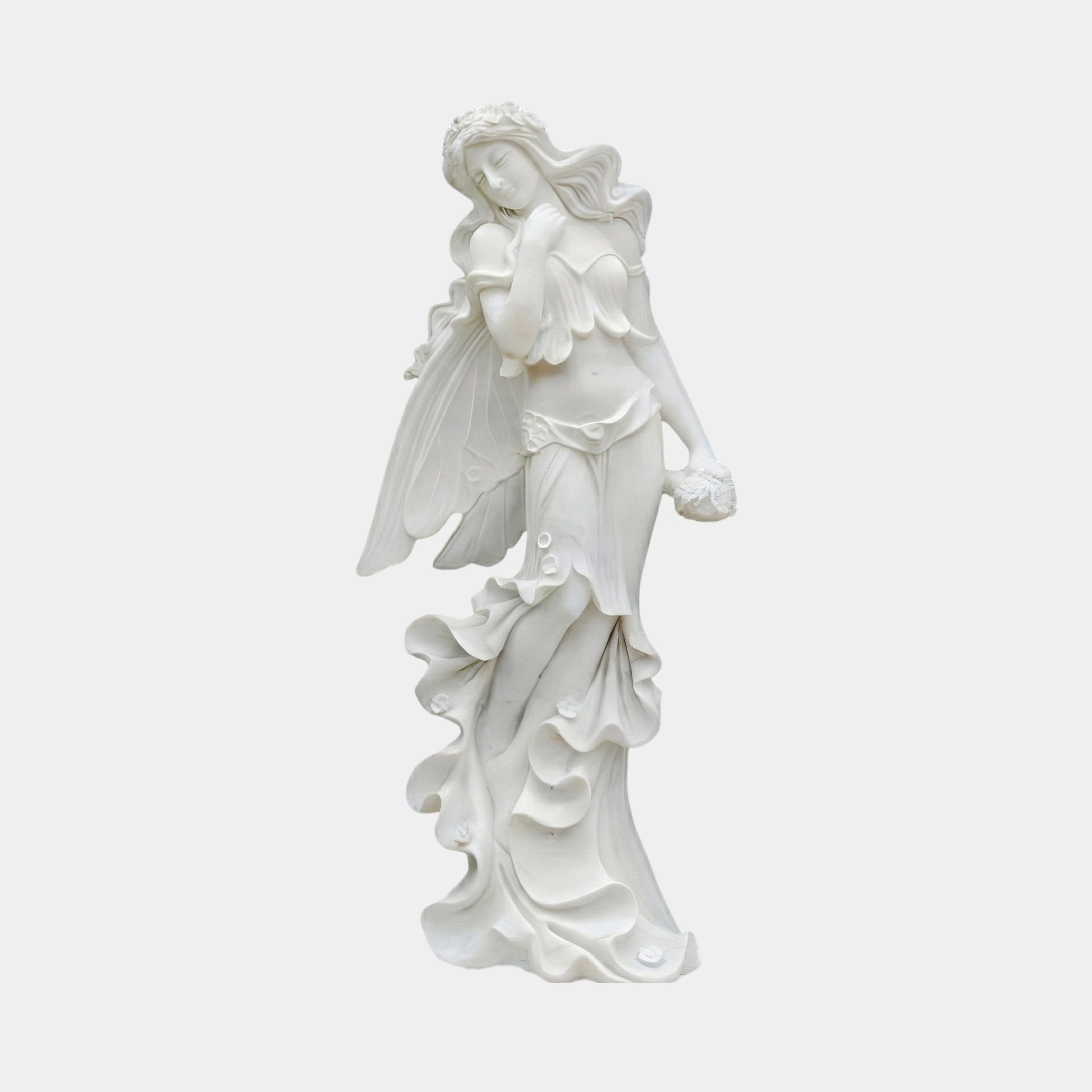 Nymph Angel Marble Outdoor Sculpture by Giant Sculptures, 180cm tall white marble fairy figure in flowing drapery with wings and floral crown, shown against a plain white background.