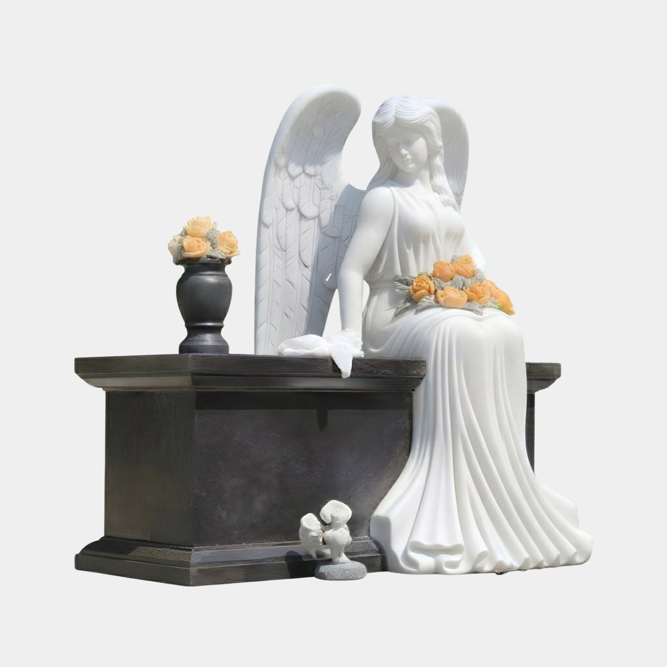 Cemetery Angel Marble Outdoor Sculpture – 150cm by Giant Sculptures, a white marble winged angel seated on a dark stone bench holding orange roses, against a plain grey background.