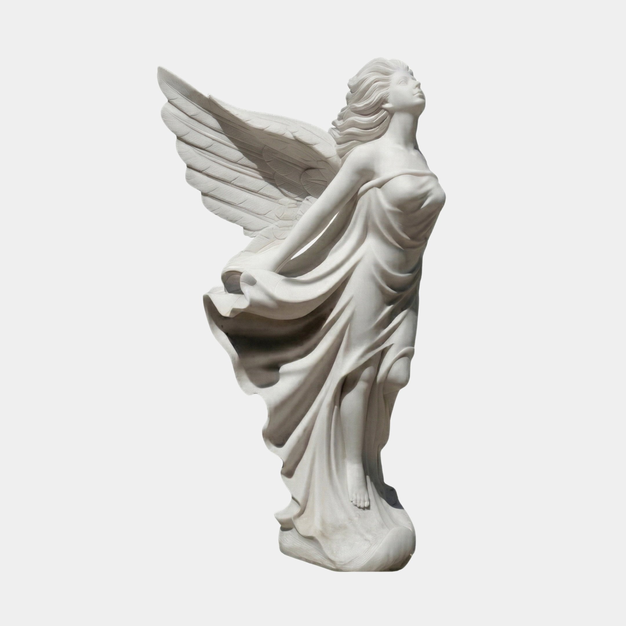 Flying Angel Marble Outdoor Sculpture by Giant Sculptures, 180cm white marble figure with spread wings and billowing robes in a forward-leaning flight pose, shown against a plain light grey background.